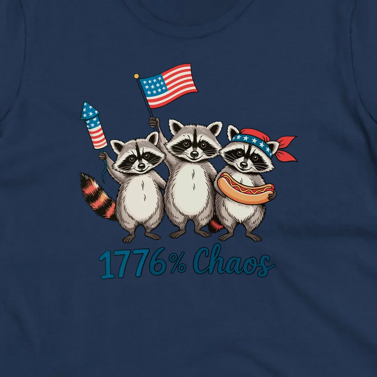 Illustration of three patriotic raccoons celebrating with an American flag, firework, and hot dog, with '1776% Chaos' text. Represents 1776-chaos-raccoons-celebration.