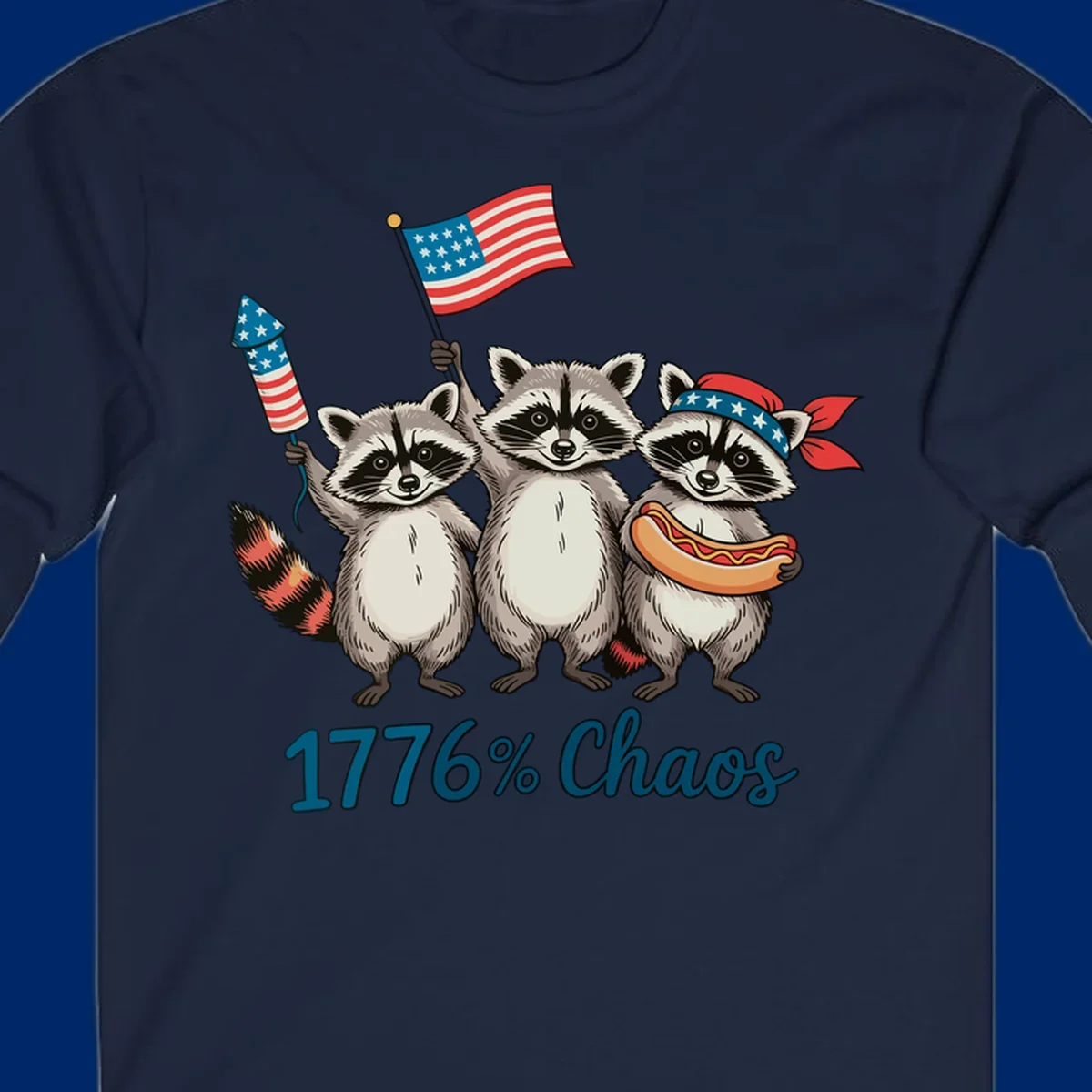 Illustration of three patriotic raccoons celebrating with an American flag, firework, and hot dog, with '1776% Chaos' text. Represents 1776-chaos-raccoons-celebration.