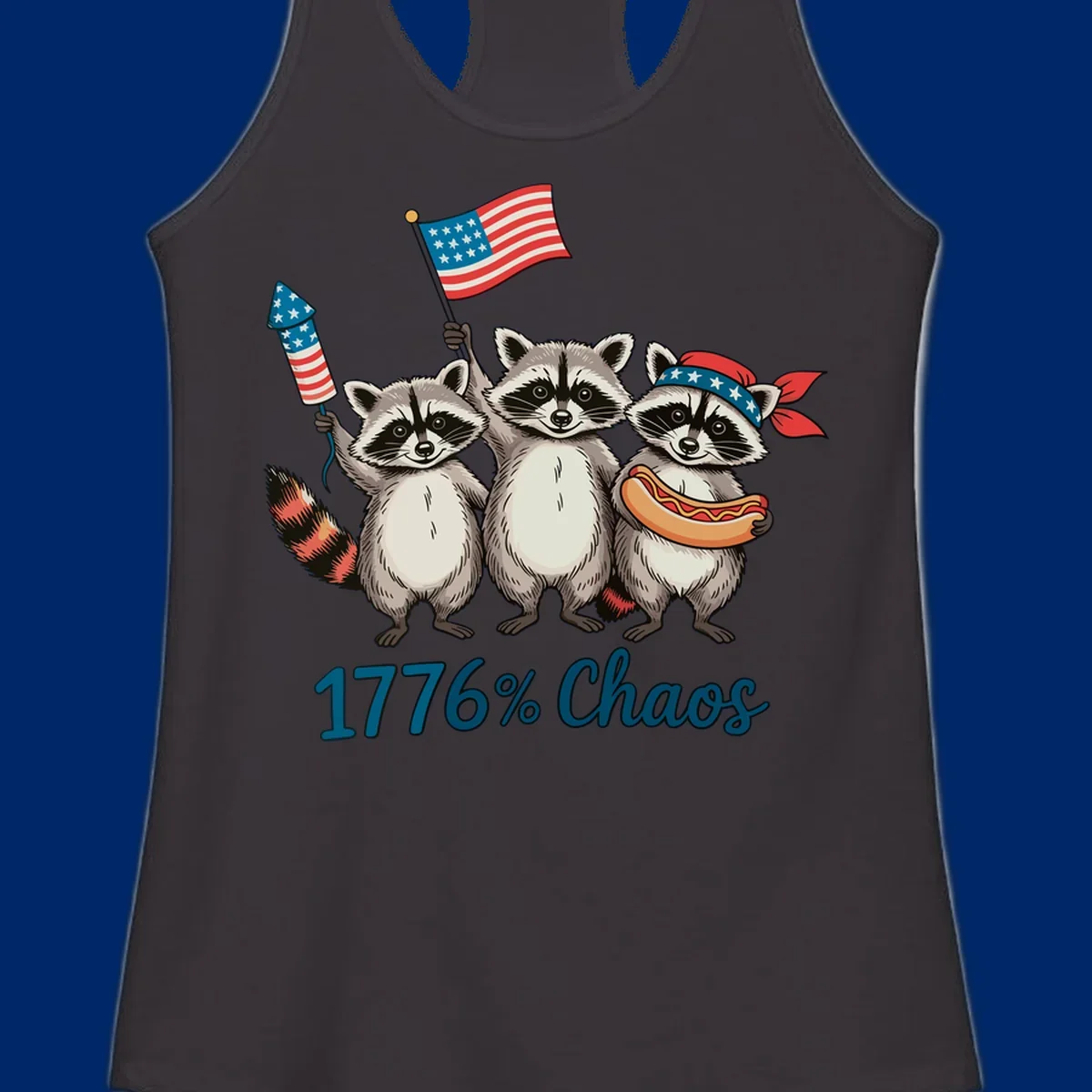 Illustration of three patriotic raccoons celebrating with an American flag, firework, and hot dog, with '1776% Chaos' text. Represents 1776-chaos-raccoons-celebration.