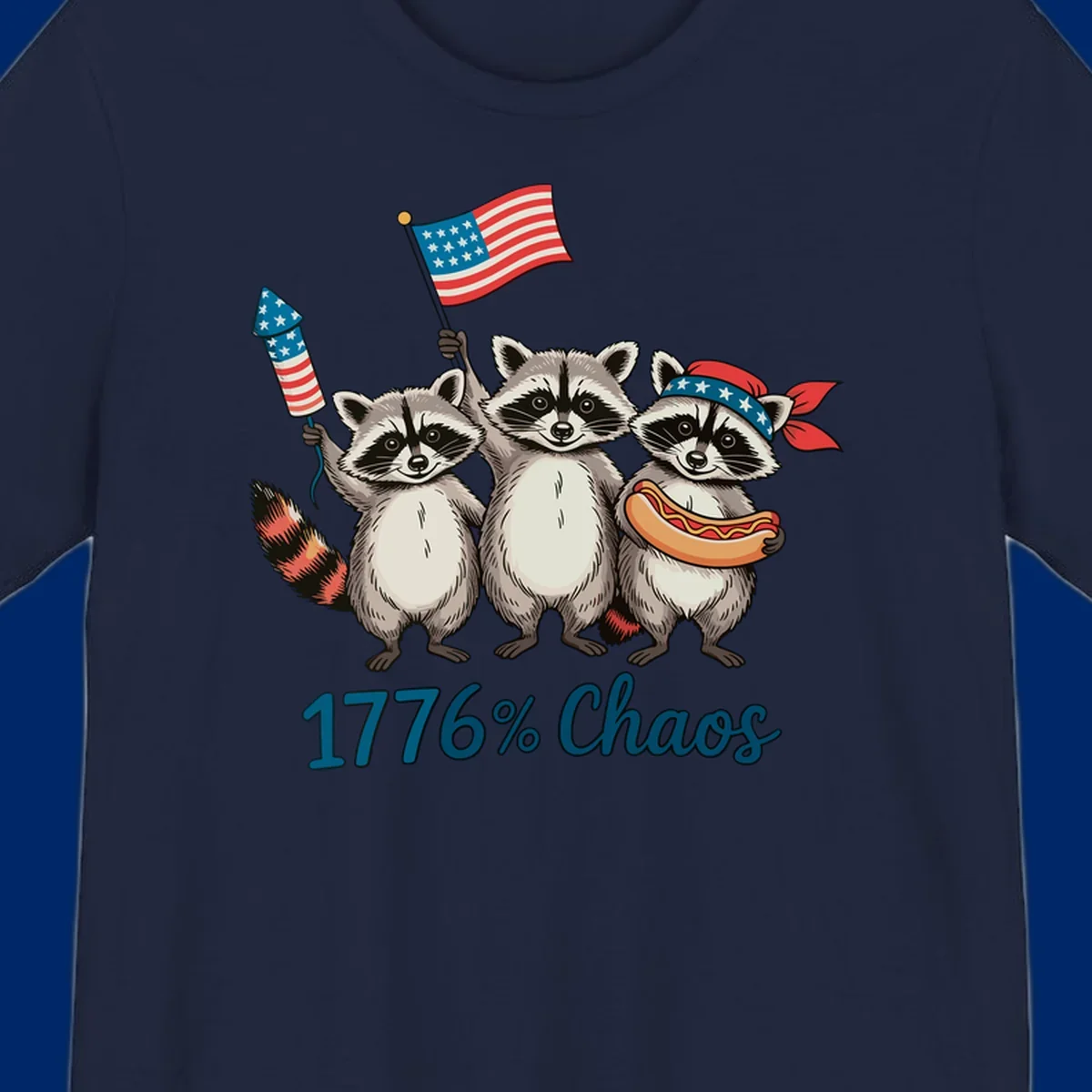 Illustration of three patriotic raccoons celebrating with an American flag, firework, and hot dog, with '1776% Chaos' text. Represents 1776-chaos-raccoons-celebration.
