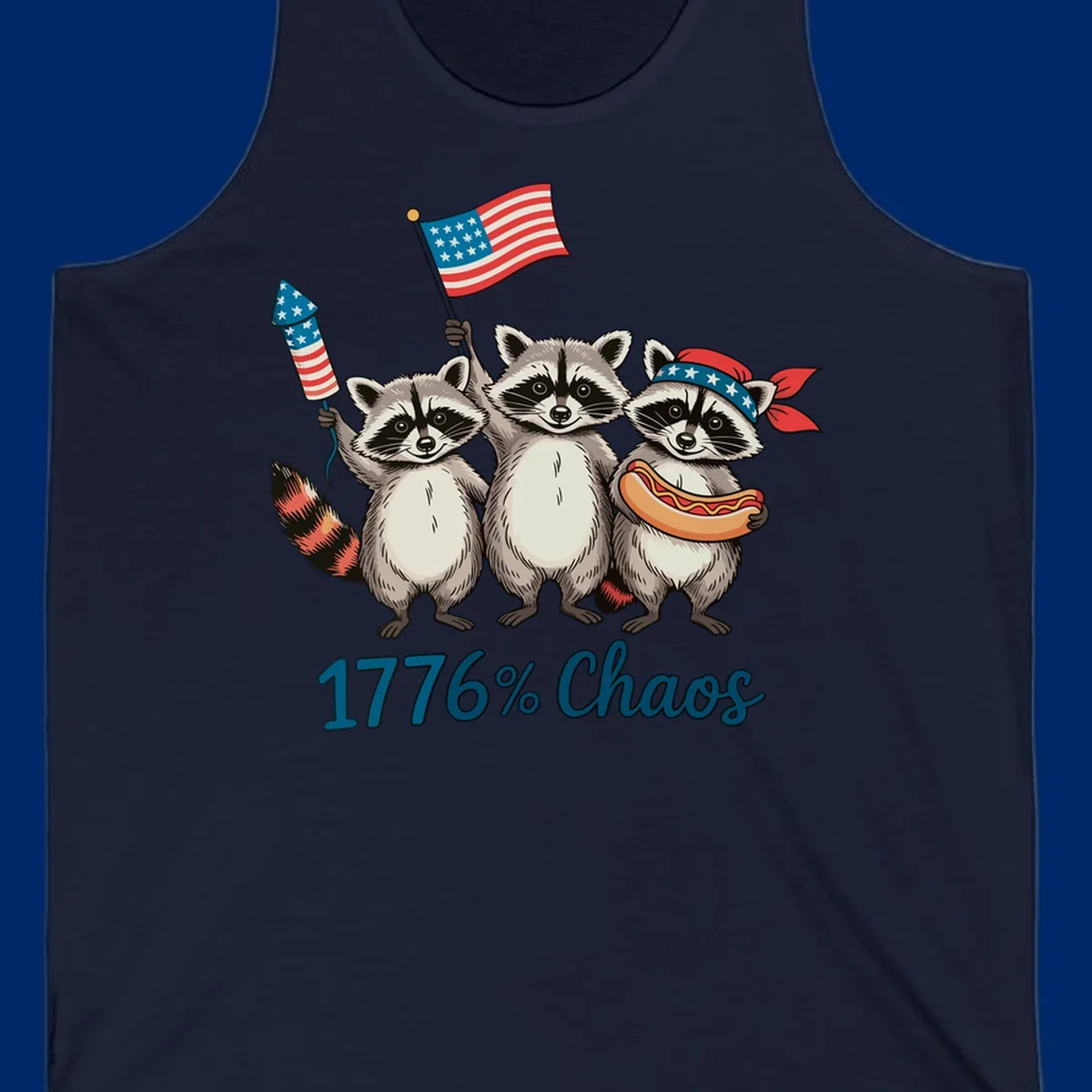 Illustration of three patriotic raccoons celebrating with an American flag, firework, and hot dog, with '1776% Chaos' text. Represents 1776-chaos-raccoons-celebration.