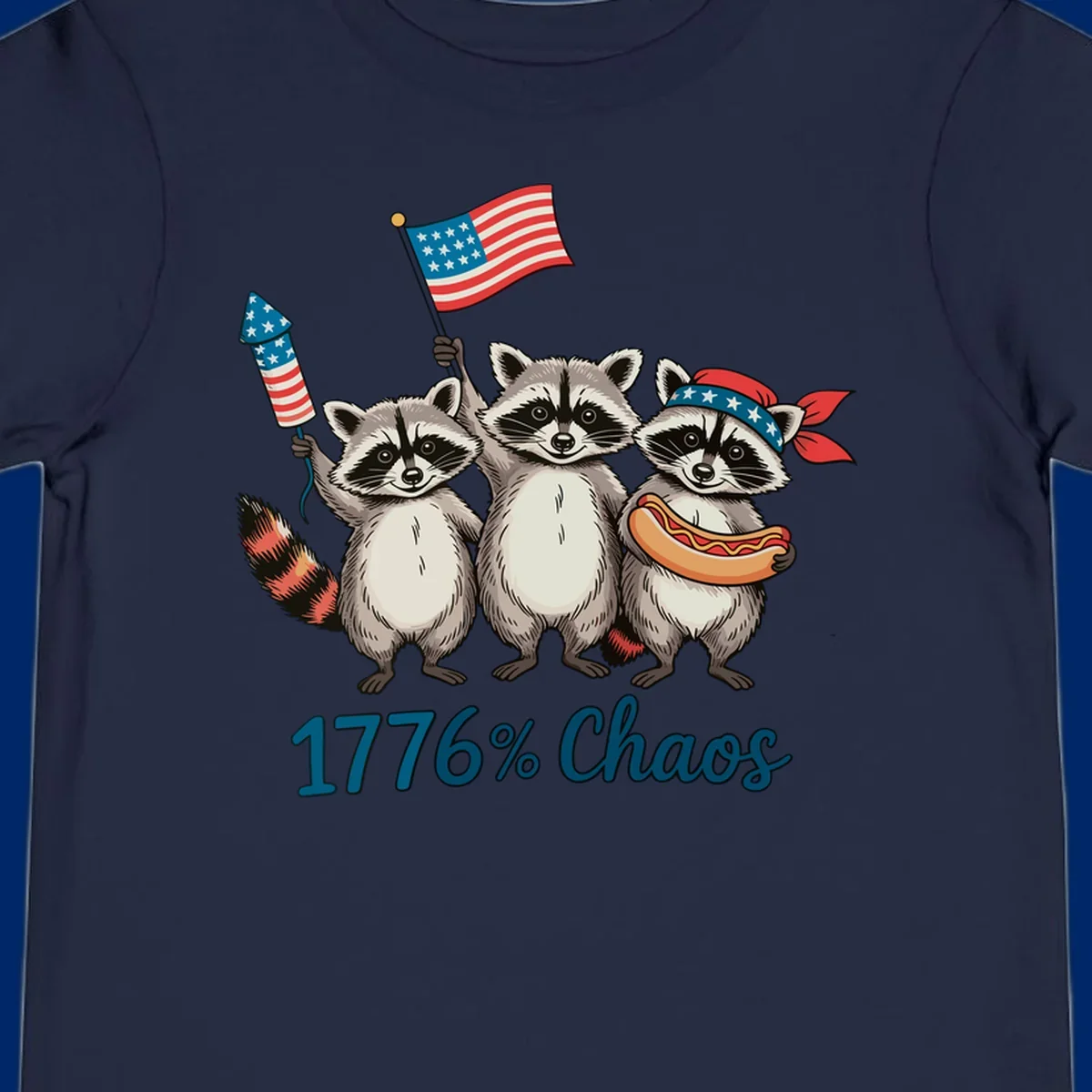 Illustration of three patriotic raccoons celebrating with an American flag, firework, and hot dog, with '1776% Chaos' text. Represents 1776-chaos-raccoons-celebration.