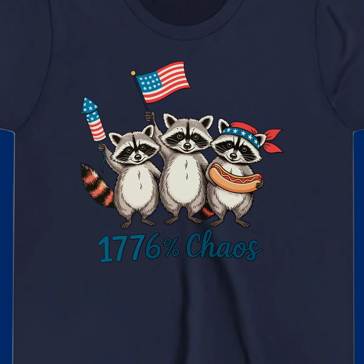 Illustration of three patriotic raccoons celebrating with an American flag, firework, and hot dog, with '1776% Chaos' text. Represents 1776-chaos-raccoons-celebration.