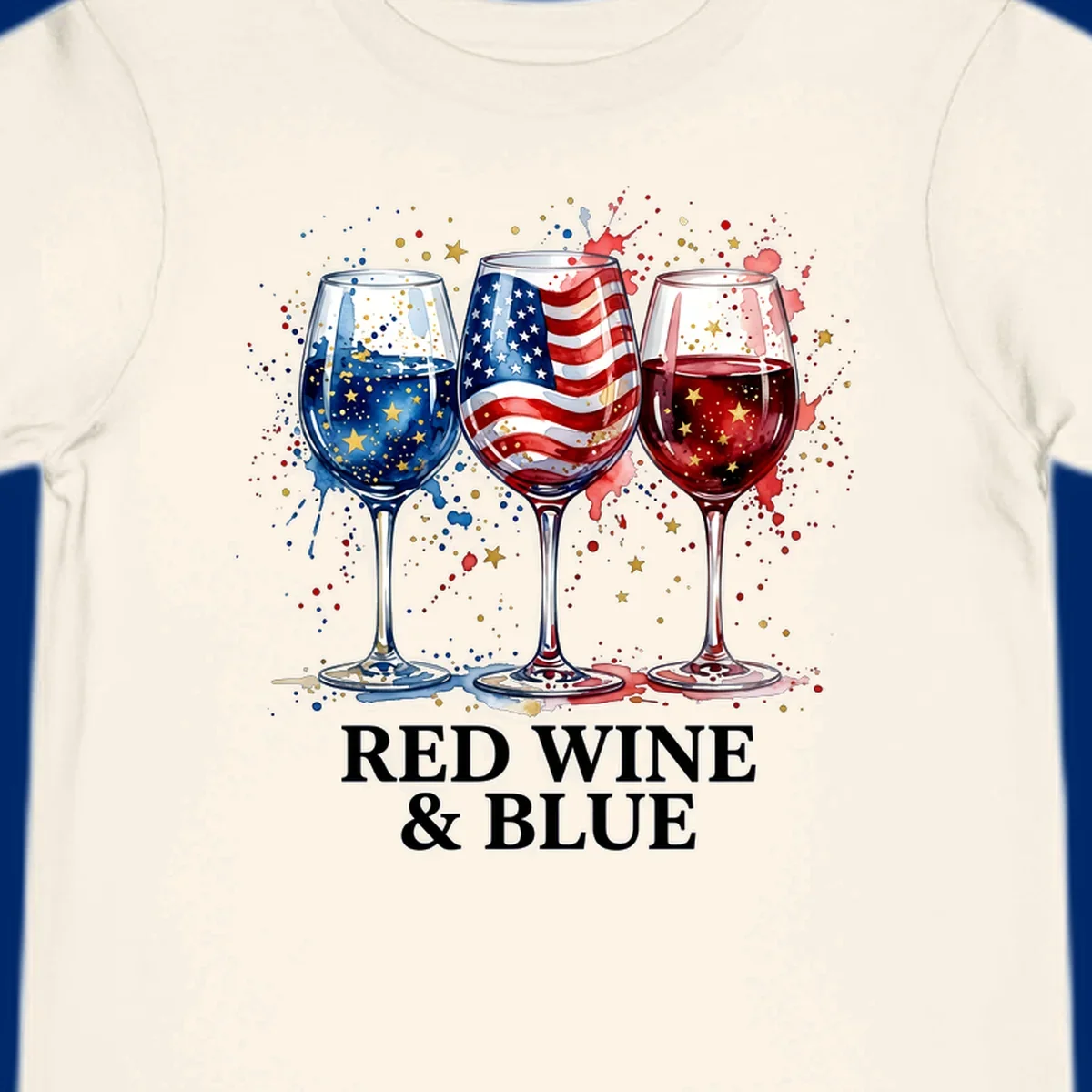 Watercolor illustration of three wine glasses, one with an American flag, one with blue liquid and gold stars, and one with red liquid and gold stars, with the text 'RED WINE & BLUE'. This red-wine-blue-patriotic design celebrates American heritage.