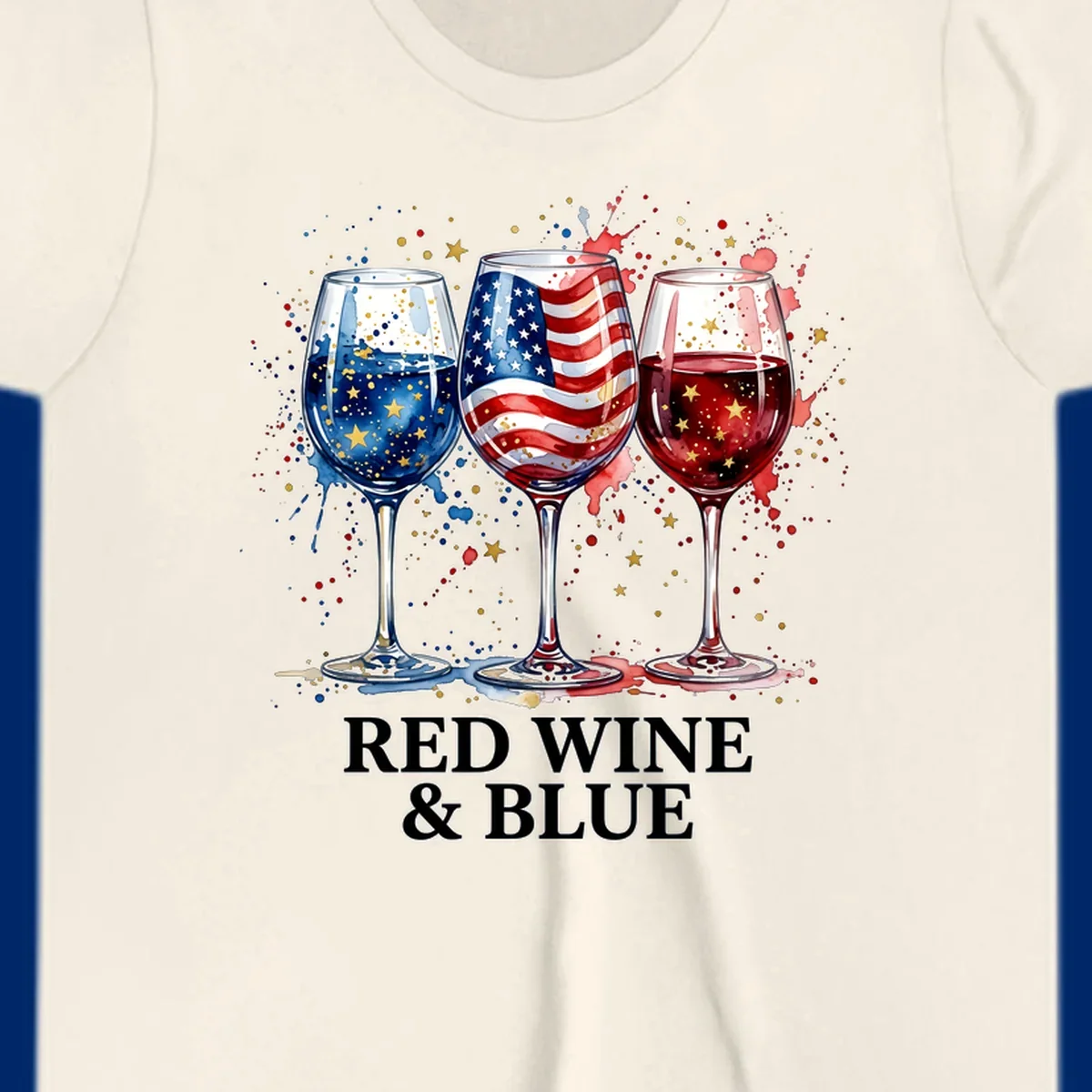 Watercolor illustration of three wine glasses, one with an American flag, one with blue liquid and gold stars, and one with red liquid and gold stars, with the text 'RED WINE & BLUE'. This red-wine-blue-patriotic design celebrates American heritage.