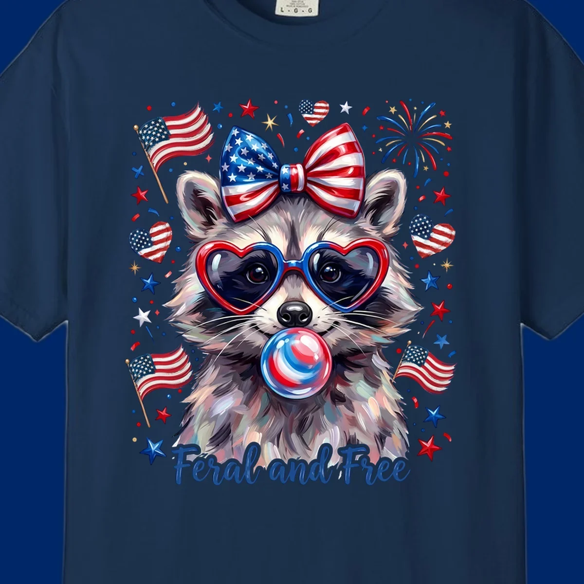 Watercolor illustration of a patriotic raccoon wearing heart sunglasses, blowing bubblegum, with American flags, fireworks, and 'Feral and Free' text for a patriotic-raccoon-july-4th celebration.