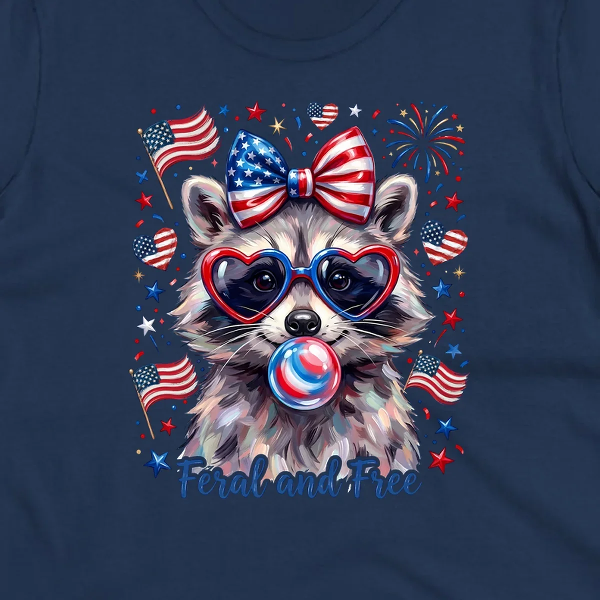 Watercolor illustration of a patriotic raccoon wearing heart sunglasses, blowing bubblegum, with American flags, fireworks, and 'Feral and Free' text for a patriotic-raccoon-july-4th celebration.