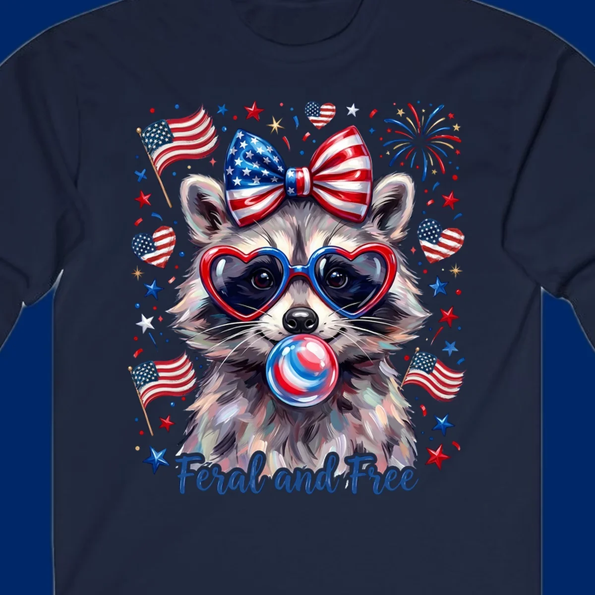 Watercolor illustration of a patriotic raccoon wearing heart sunglasses, blowing bubblegum, with American flags, fireworks, and 'Feral and Free' text for a patriotic-raccoon-july-4th celebration.
