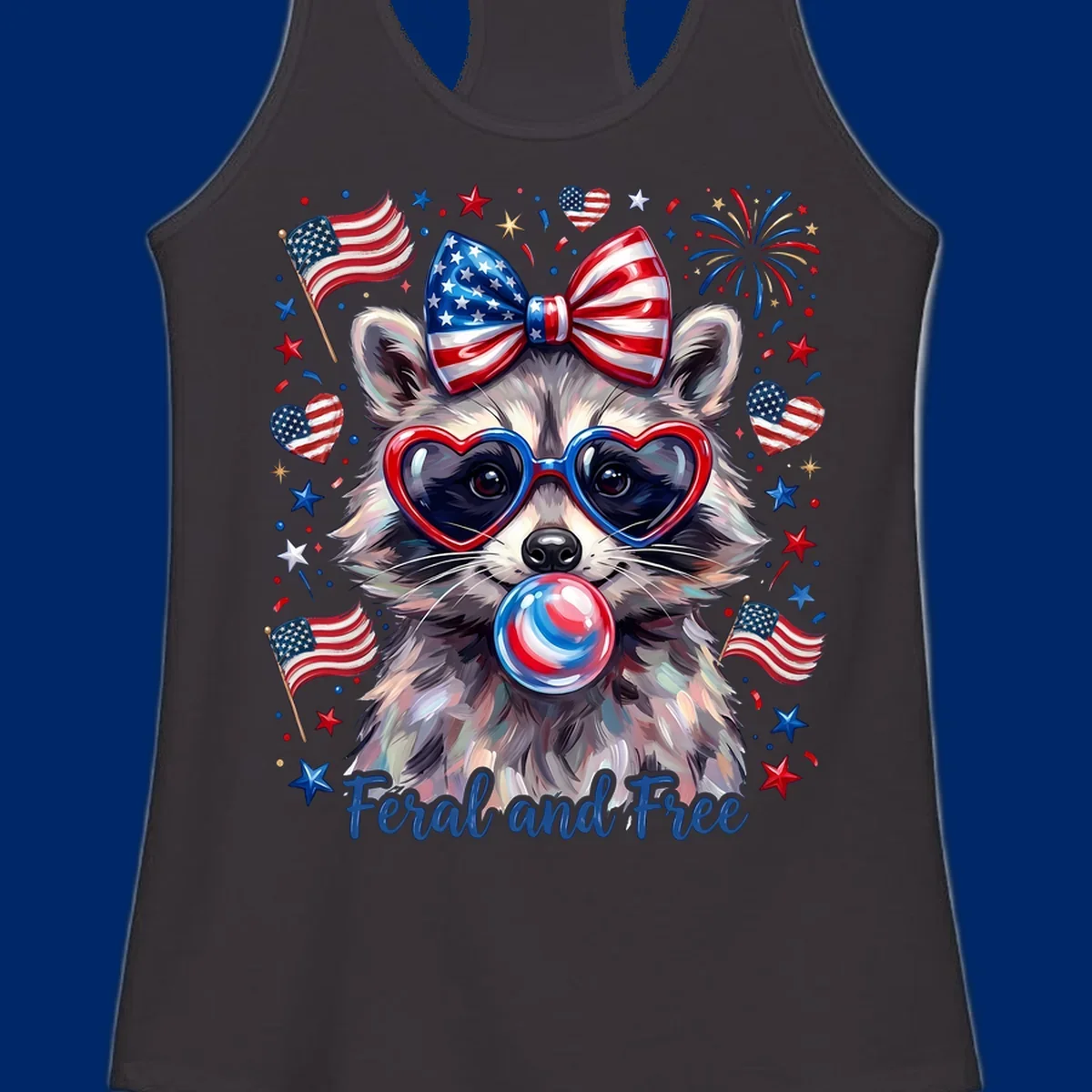 Watercolor illustration of a patriotic raccoon wearing heart sunglasses, blowing bubblegum, with American flags, fireworks, and 'Feral and Free' text for a patriotic-raccoon-july-4th celebration.
