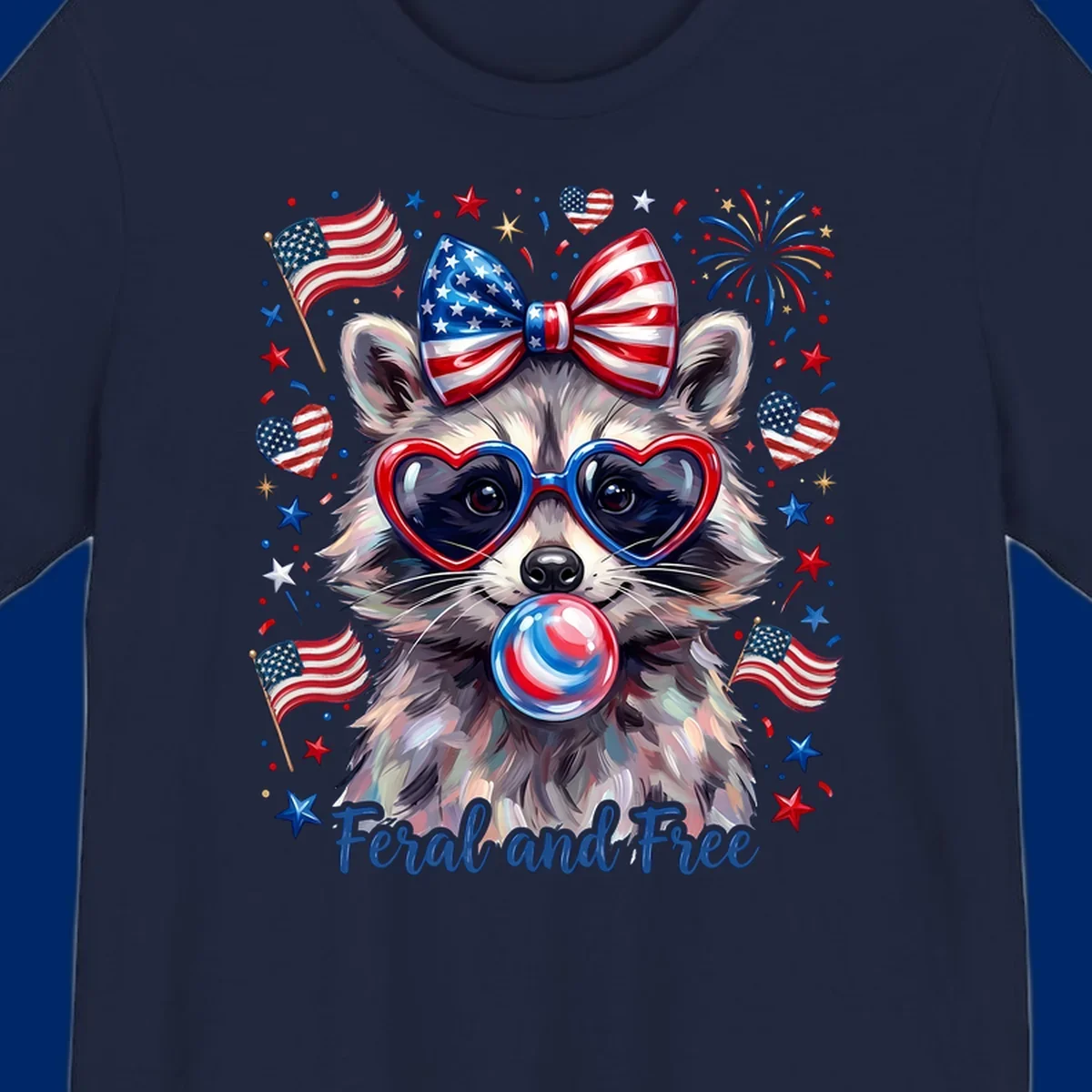 Watercolor illustration of a patriotic raccoon wearing heart sunglasses, blowing bubblegum, with American flags, fireworks, and 'Feral and Free' text for a patriotic-raccoon-july-4th celebration.