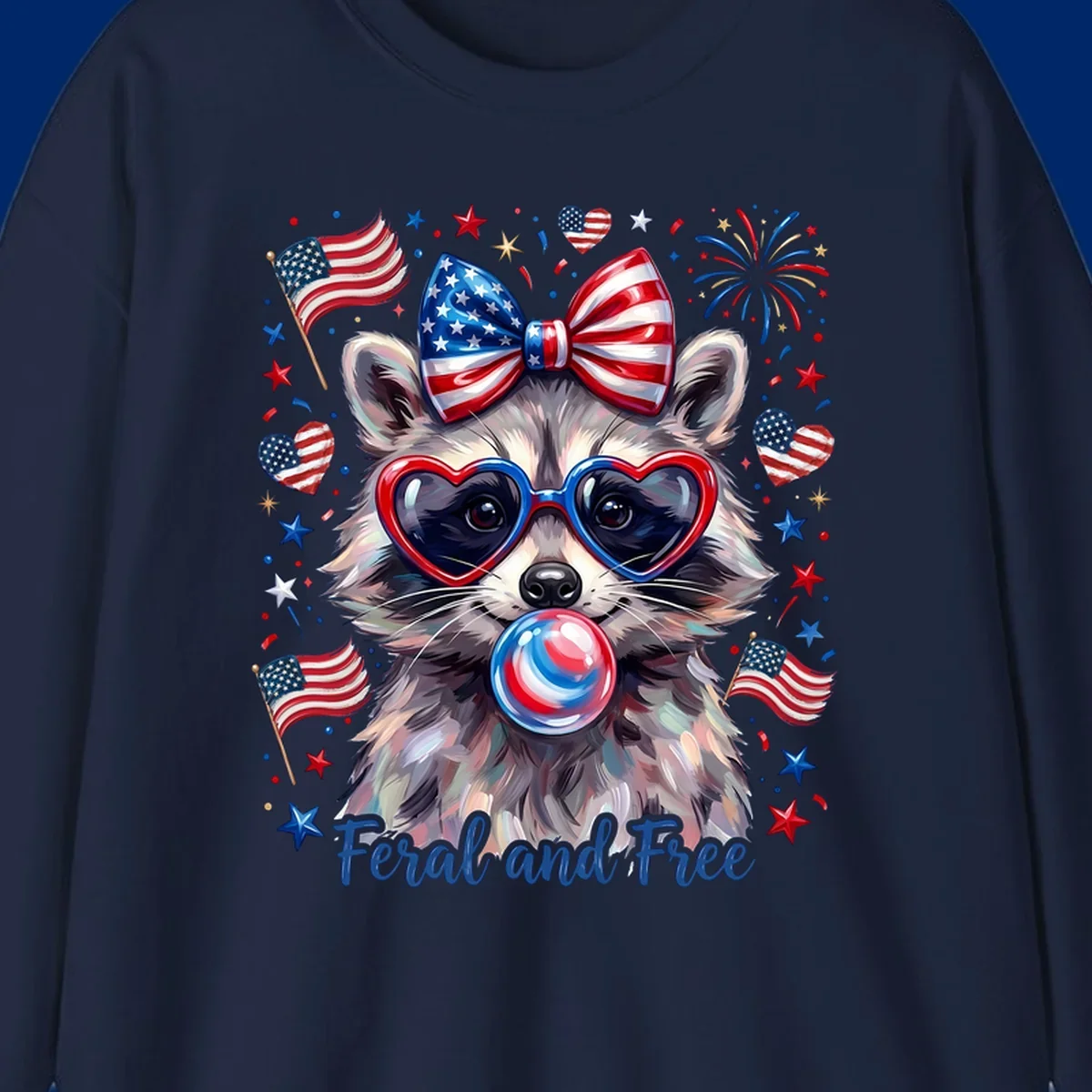 Watercolor illustration of a patriotic raccoon wearing heart sunglasses, blowing bubblegum, with American flags, fireworks, and 'Feral and Free' text for a patriotic-raccoon-july-4th celebration.