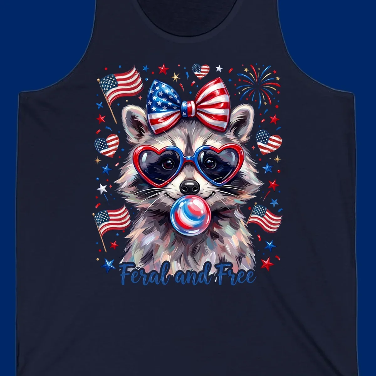 Watercolor illustration of a patriotic raccoon wearing heart sunglasses, blowing bubblegum, with American flags, fireworks, and 'Feral and Free' text for a patriotic-raccoon-july-4th celebration.
