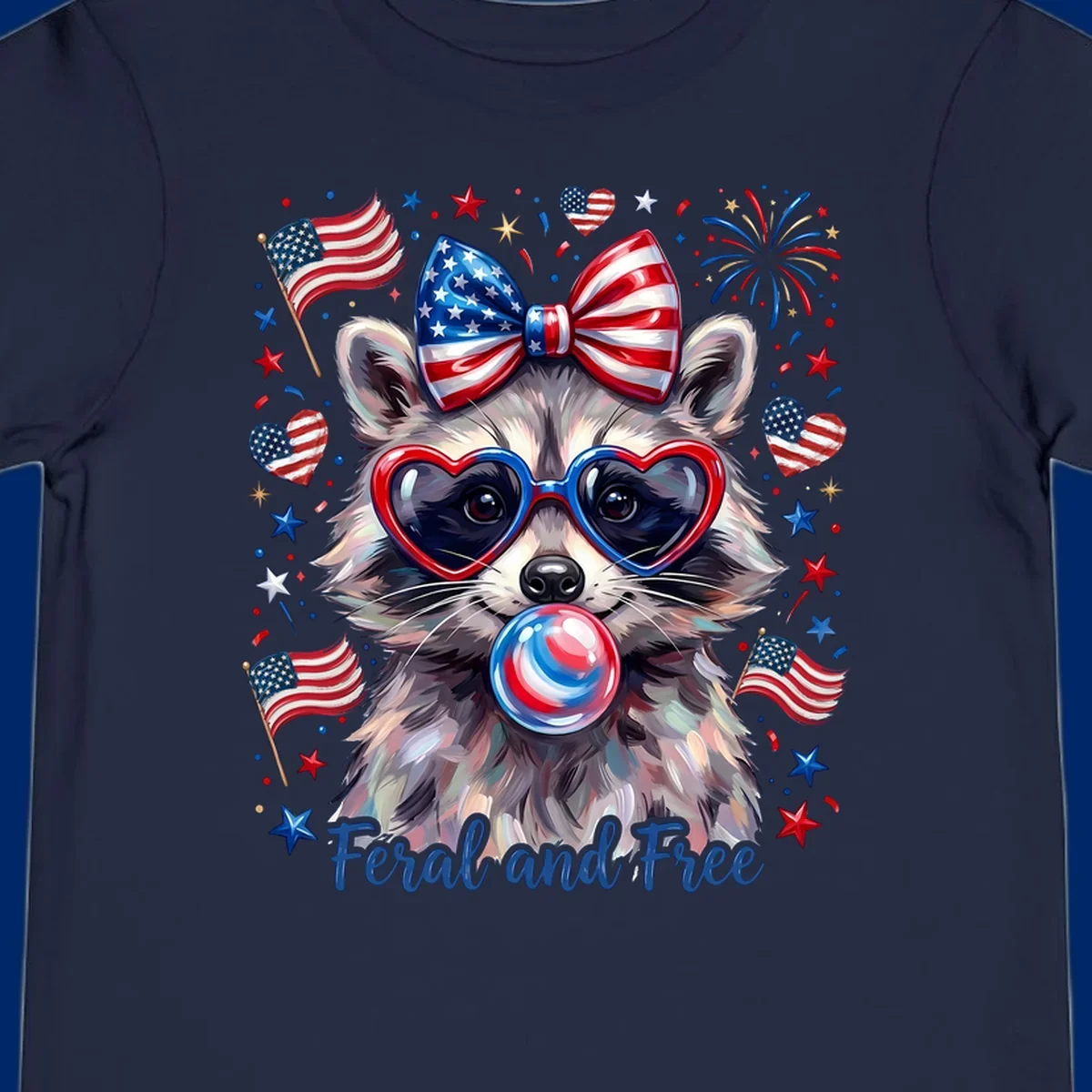 Watercolor illustration of a patriotic raccoon wearing heart sunglasses, blowing bubblegum, with American flags, fireworks, and 'Feral and Free' text for a patriotic-raccoon-july-4th celebration.