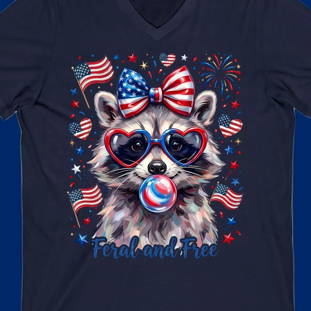 Watercolor illustration of a patriotic raccoon wearing heart sunglasses, blowing bubblegum, with American flags, fireworks, and 'Feral and Free' text for a patriotic-raccoon-july-4th celebration.