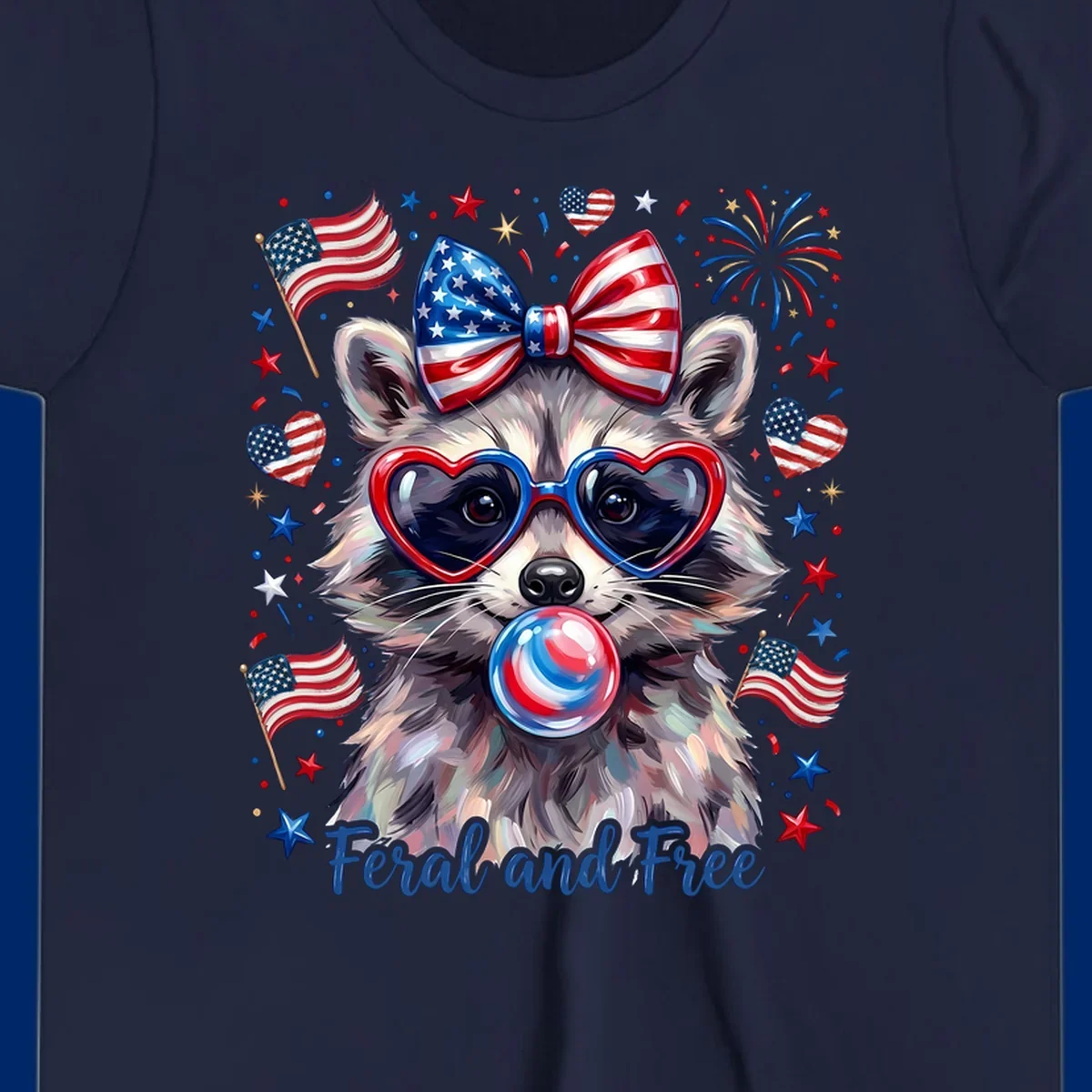 Watercolor illustration of a patriotic raccoon wearing heart sunglasses, blowing bubblegum, with American flags, fireworks, and 'Feral and Free' text for a patriotic-raccoon-july-4th celebration.
