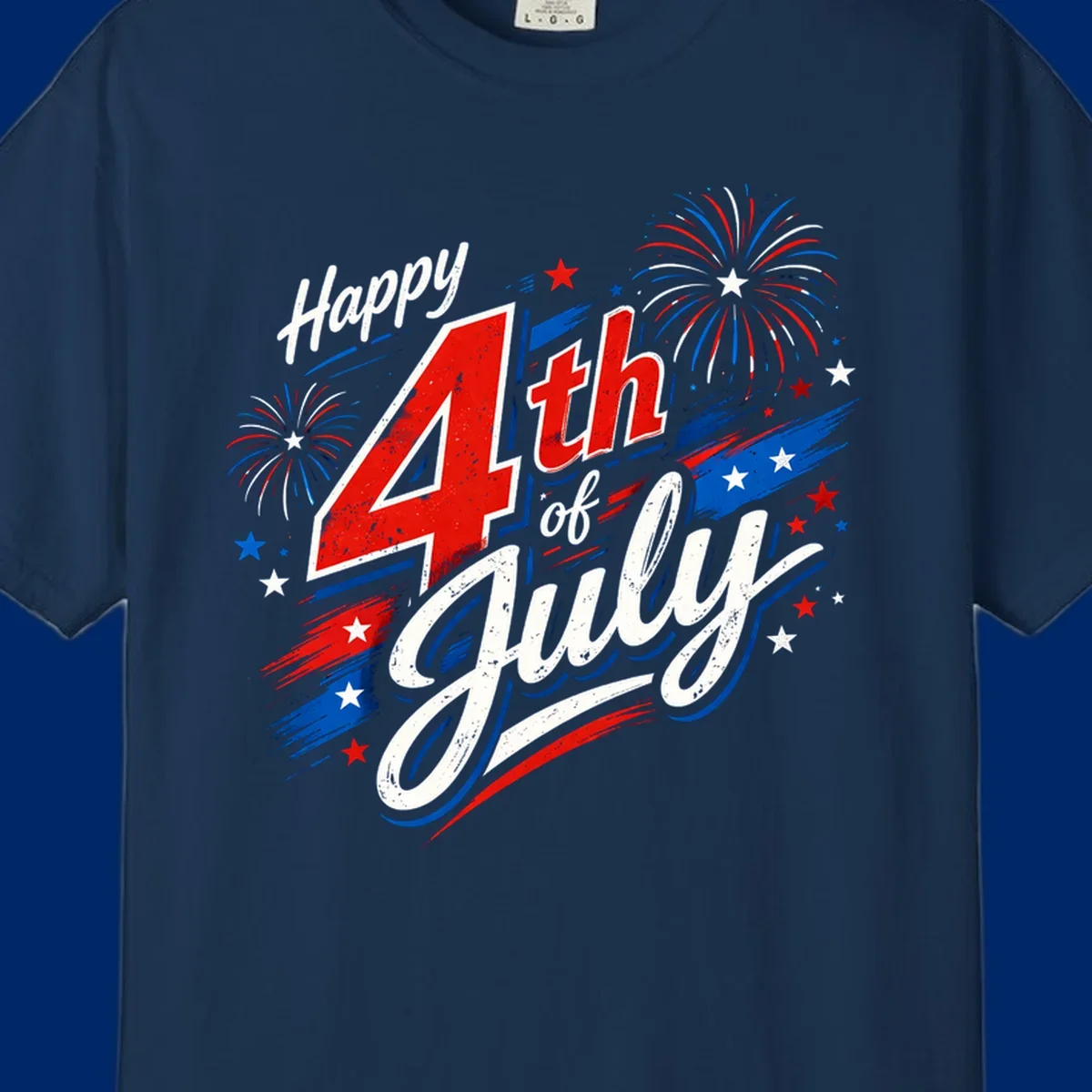 A distressed patriotic design with 'Happy 4th of July' text, fireworks, and stars in red, white, and blue. happy-4th-july-fireworks concept.