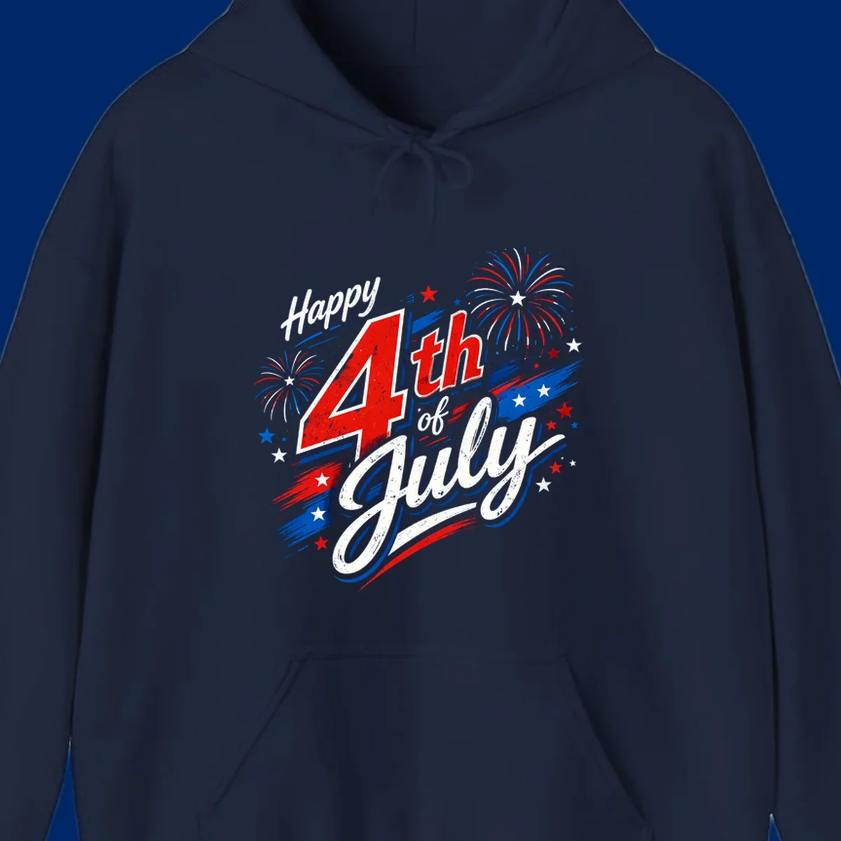 A distressed patriotic design with 'Happy 4th of July' text, fireworks, and stars in red, white, and blue. happy-4th-july-fireworks concept.