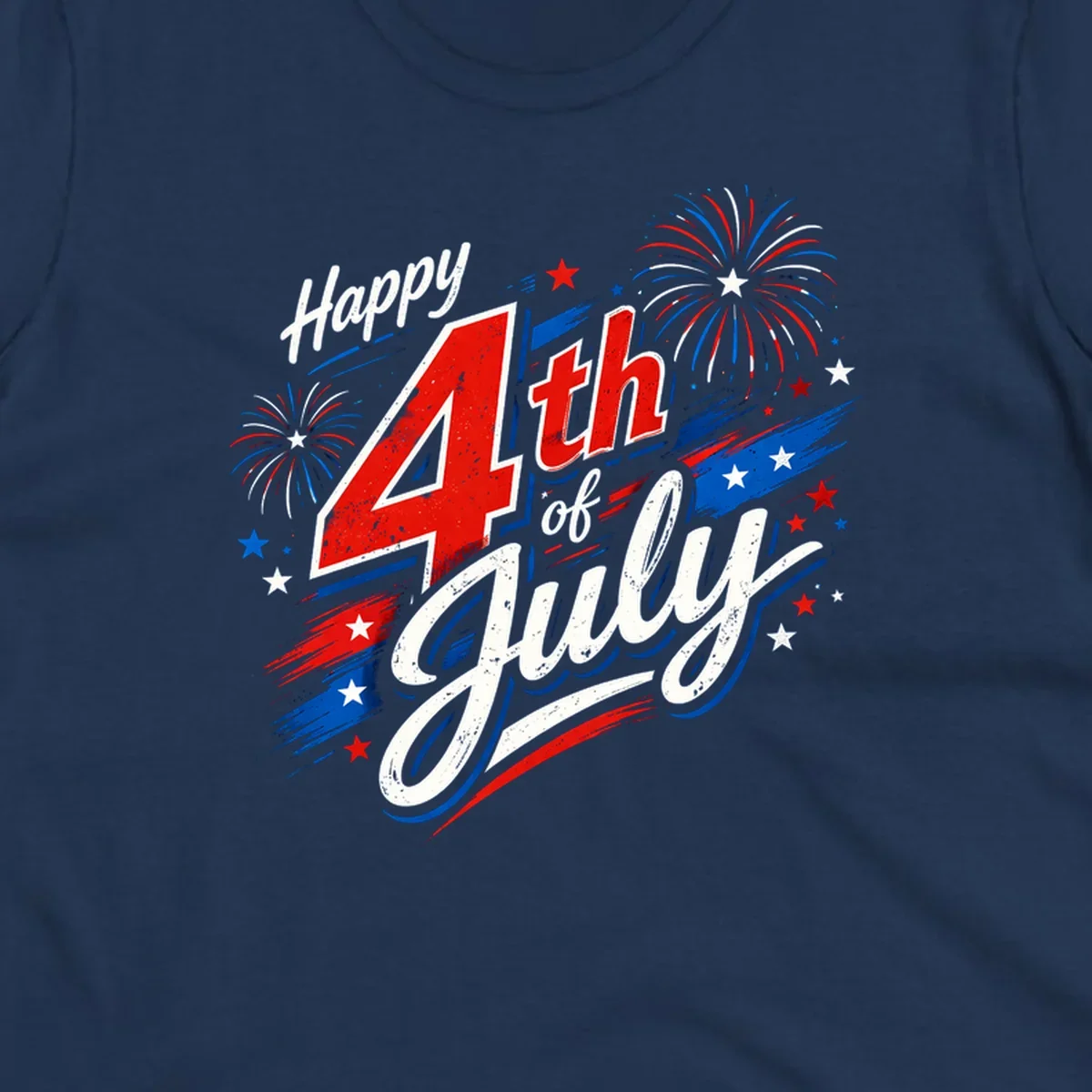 A distressed patriotic design with 'Happy 4th of July' text, fireworks, and stars in red, white, and blue. happy-4th-july-fireworks concept.