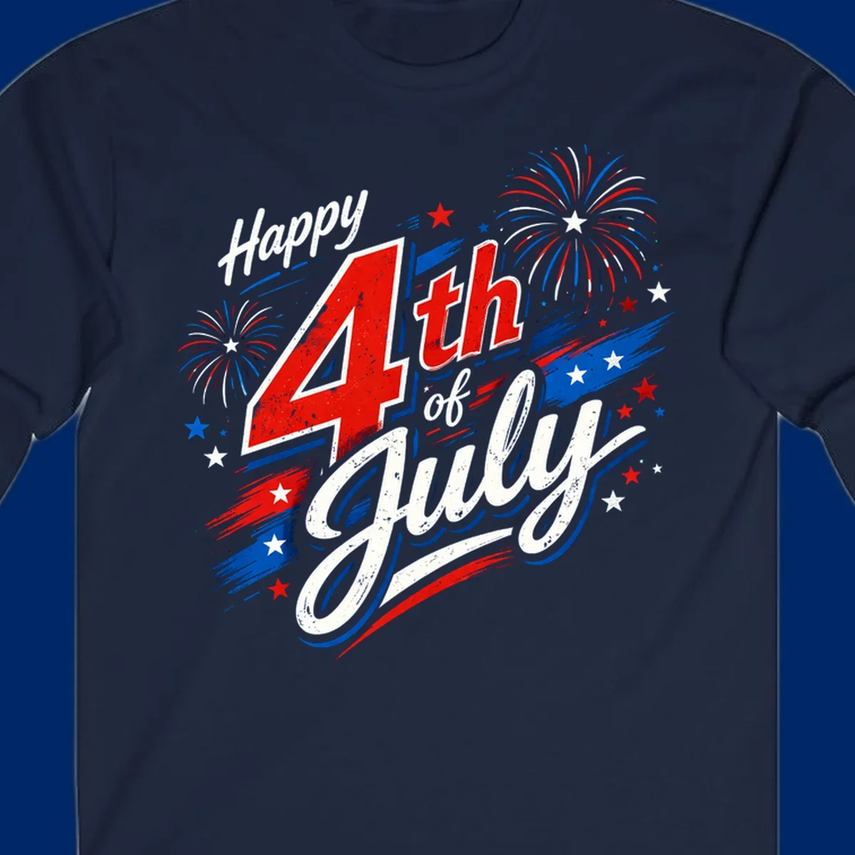 A distressed patriotic design with 'Happy 4th of July' text, fireworks, and stars in red, white, and blue. happy-4th-july-fireworks concept.