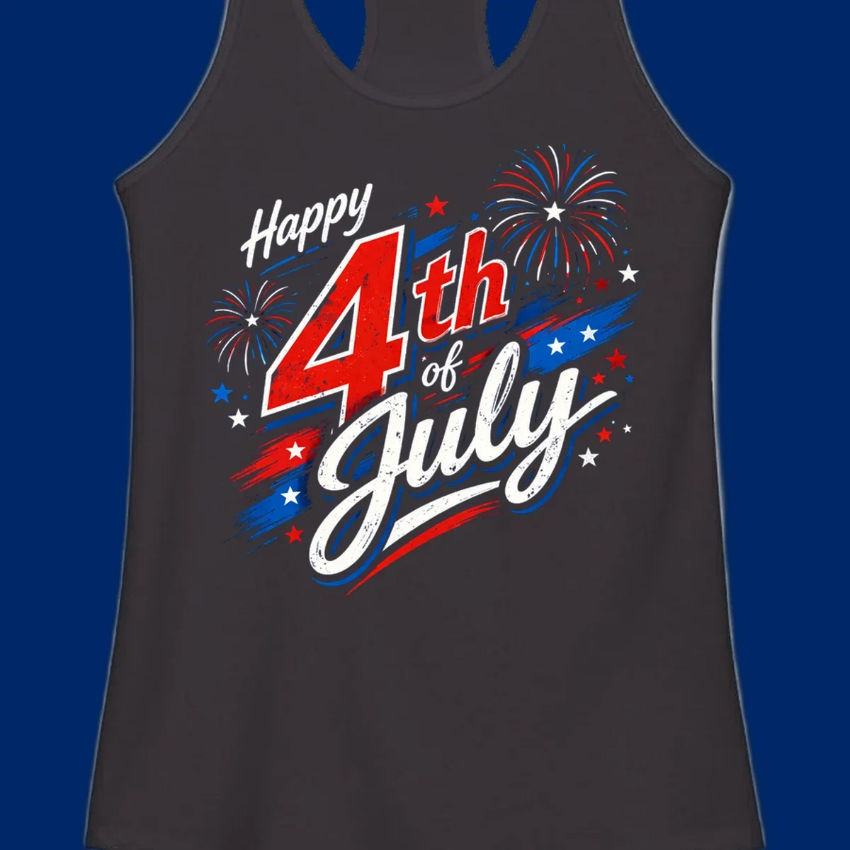 A distressed patriotic design with 'Happy 4th of July' text, fireworks, and stars in red, white, and blue. happy-4th-july-fireworks concept.