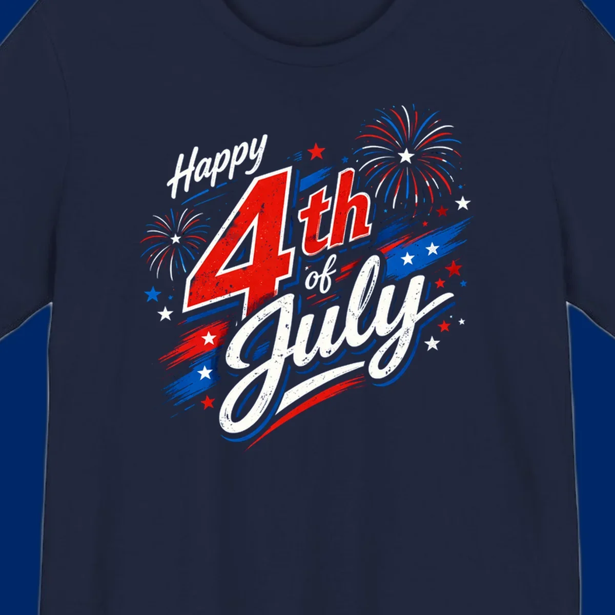 A distressed patriotic design with 'Happy 4th of July' text, fireworks, and stars in red, white, and blue. happy-4th-july-fireworks concept.
