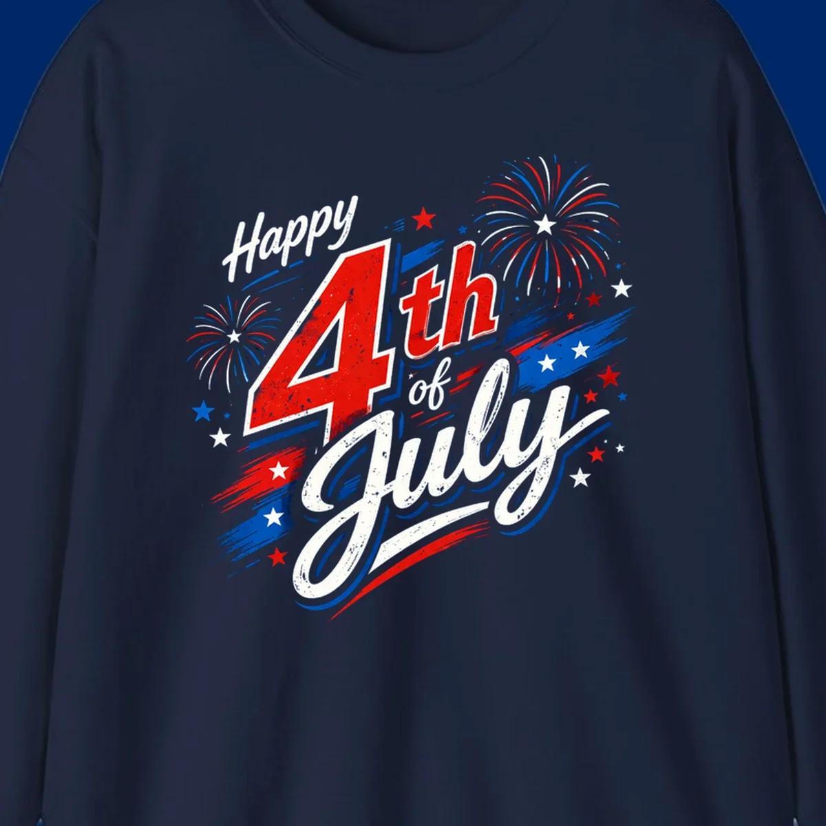 A distressed patriotic design with 'Happy 4th of July' text, fireworks, and stars in red, white, and blue. happy-4th-july-fireworks concept.