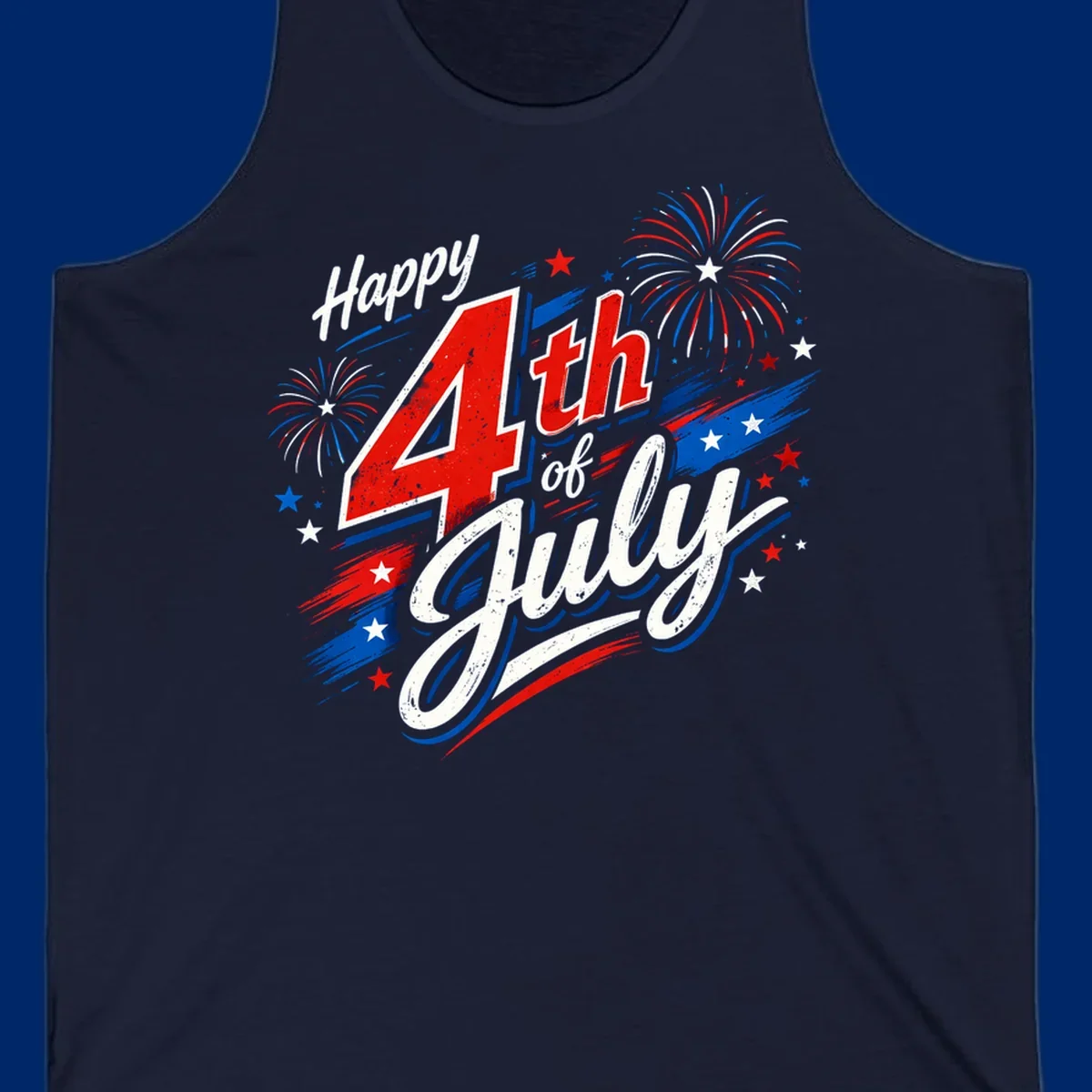 A distressed patriotic design with 'Happy 4th of July' text, fireworks, and stars in red, white, and blue. happy-4th-july-fireworks concept.