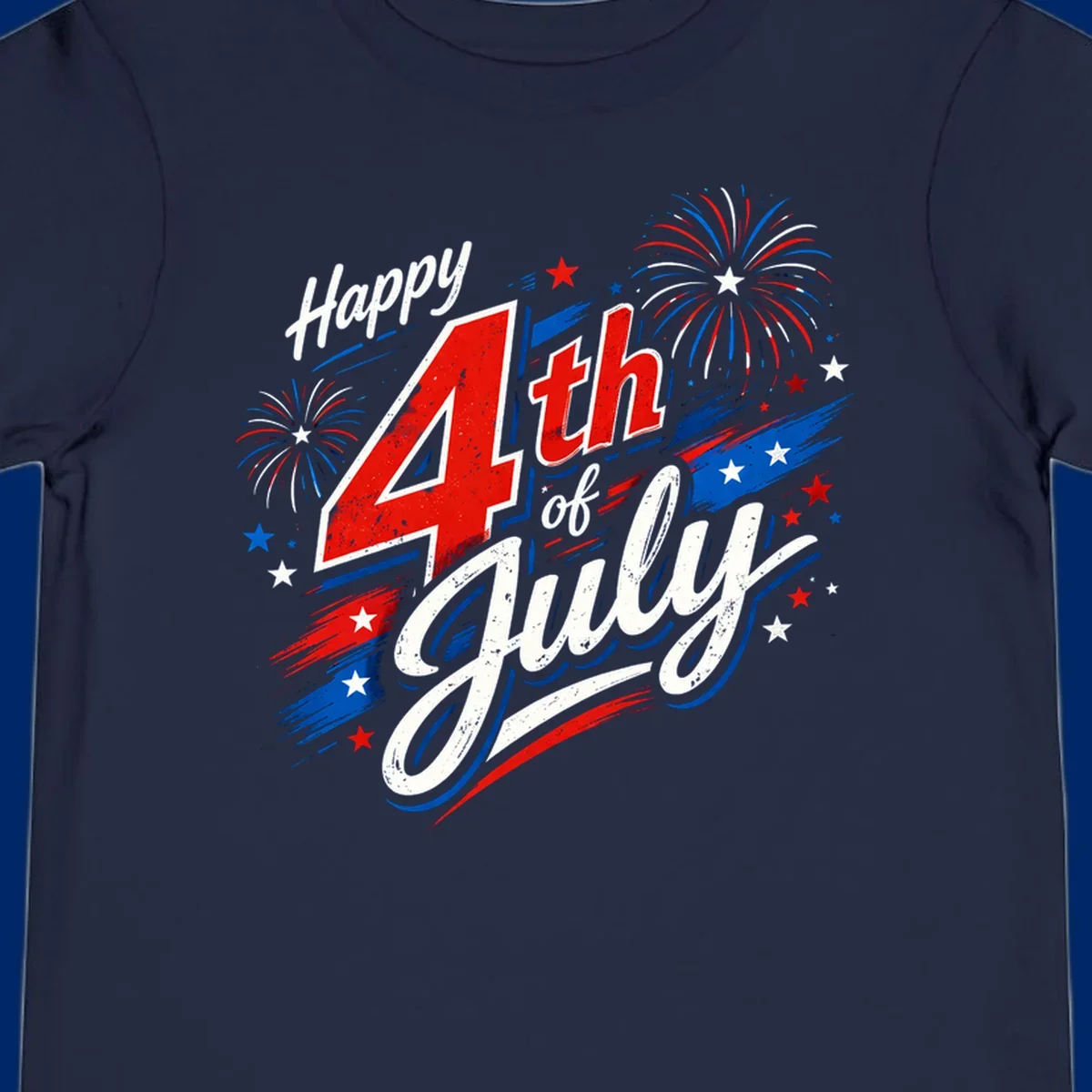 A distressed patriotic design with 'Happy 4th of July' text, fireworks, and stars in red, white, and blue. happy-4th-july-fireworks concept.
