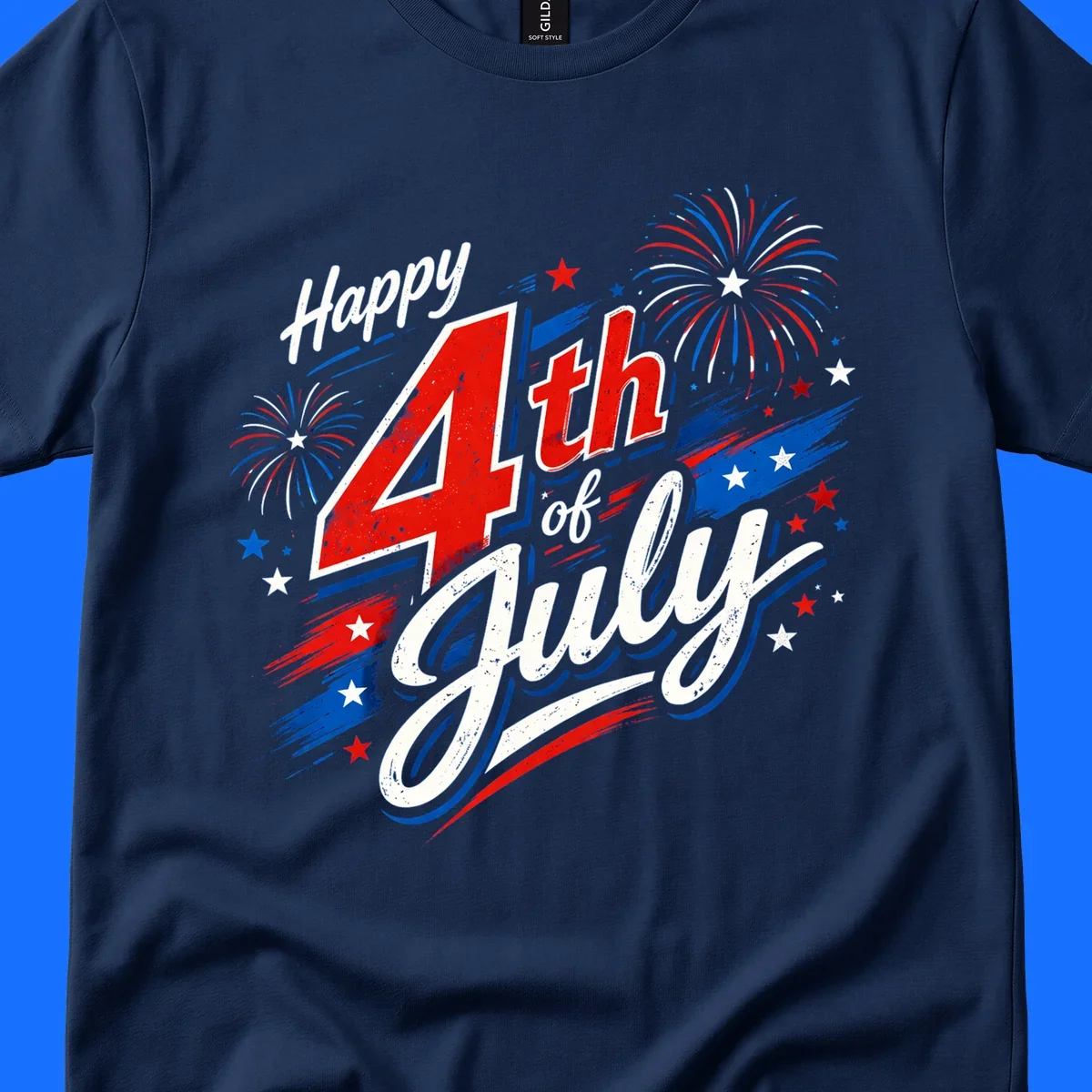 A distressed patriotic design with 'Happy 4th of July' text, fireworks, and stars in red, white, and blue. happy-4th-july-fireworks concept.