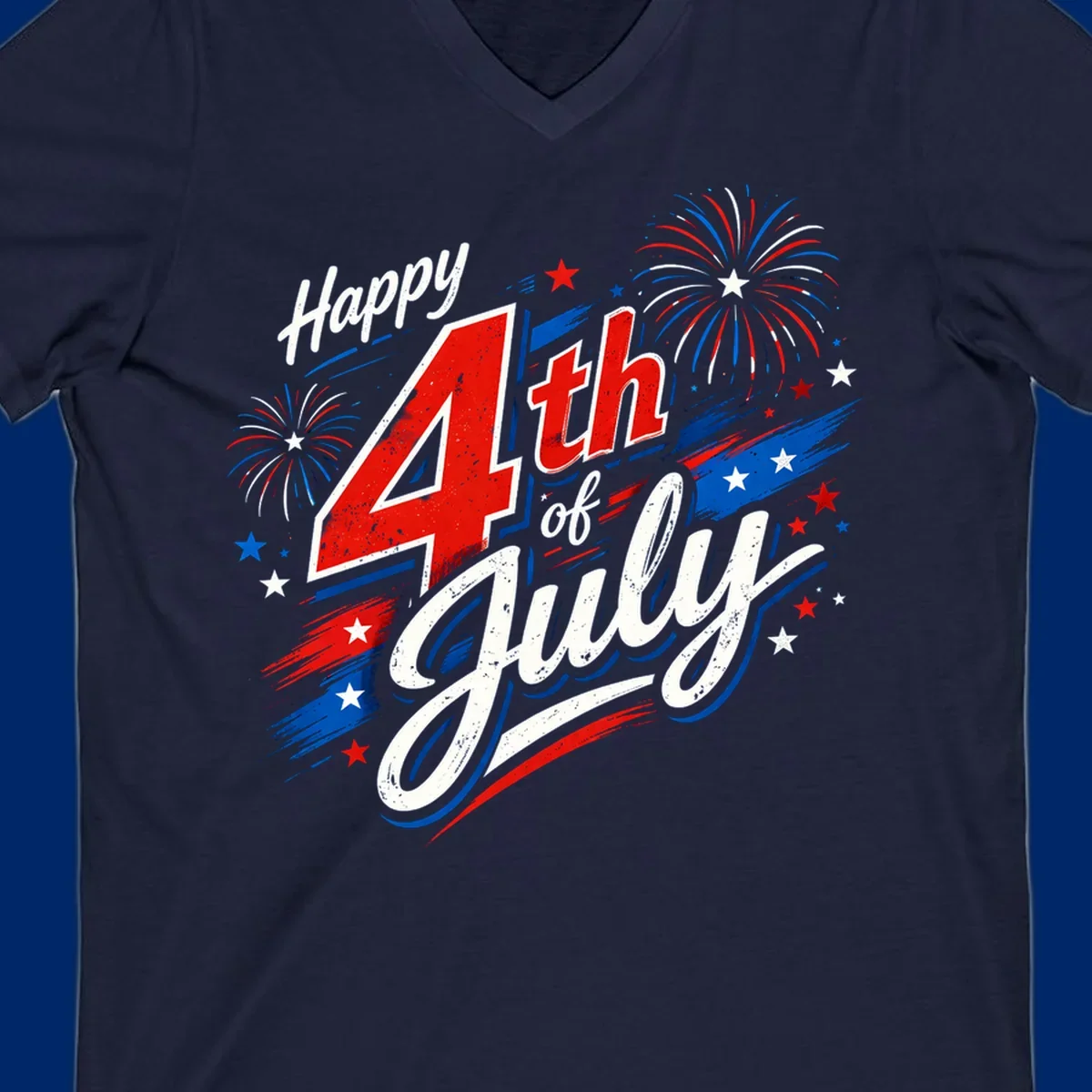 A distressed patriotic design with 'Happy 4th of July' text, fireworks, and stars in red, white, and blue. happy-4th-july-fireworks concept.