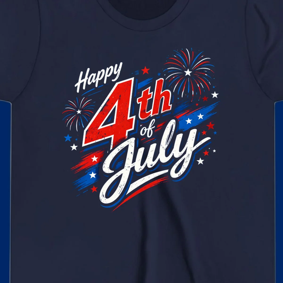 A distressed patriotic design with 'Happy 4th of July' text, fireworks, and stars in red, white, and blue. happy-4th-july-fireworks concept.