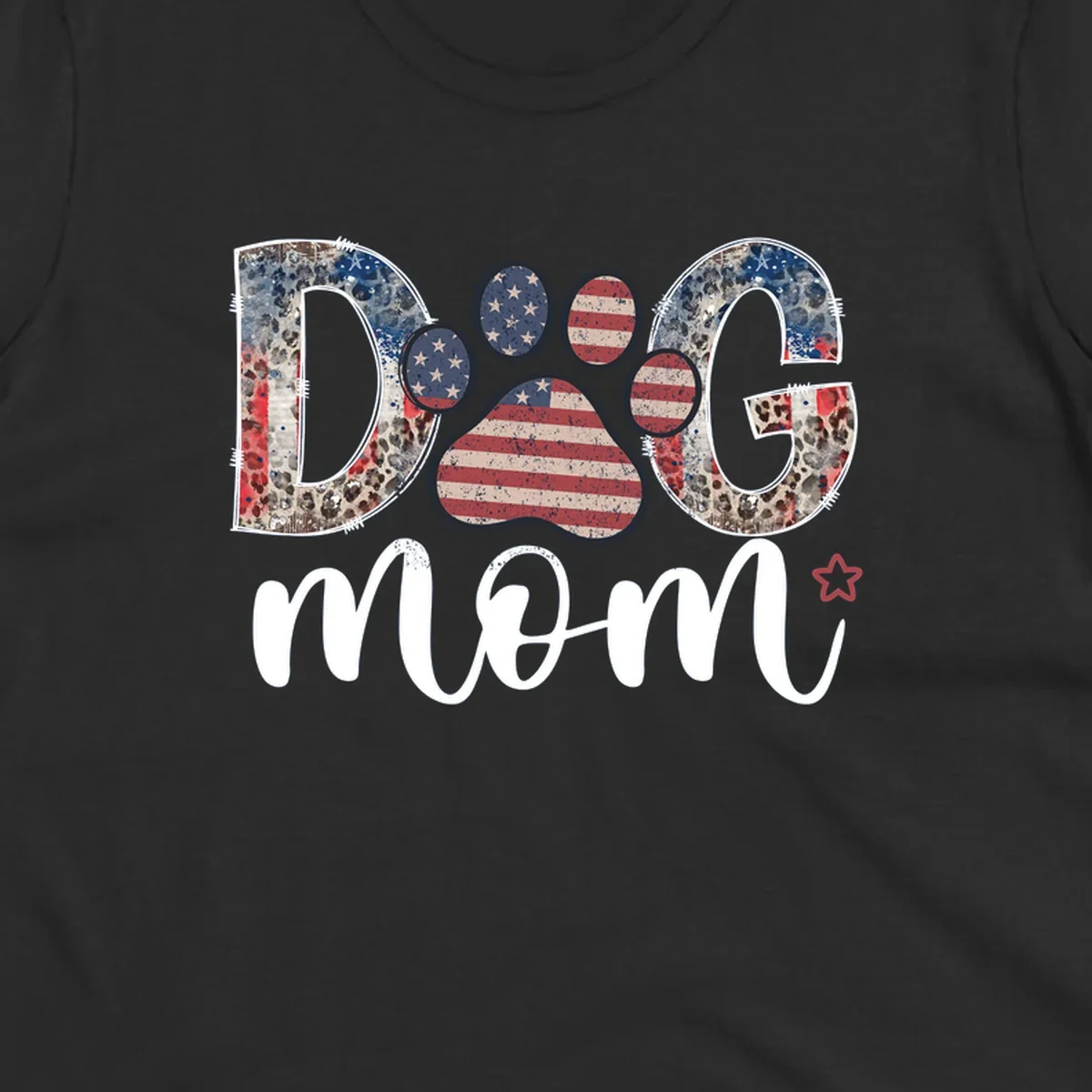 A graphic spelling 'DOG' with a patriotic-dog-paw-print. The 'D' and 'G' have leopard print and flag elements, and the 'O' is a flag paw print.