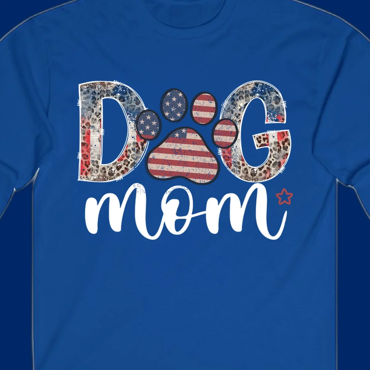 A graphic spelling 'DOG' with a patriotic-dog-paw-print. The 'D' and 'G' have leopard print and flag elements, and the 'O' is a flag paw print.