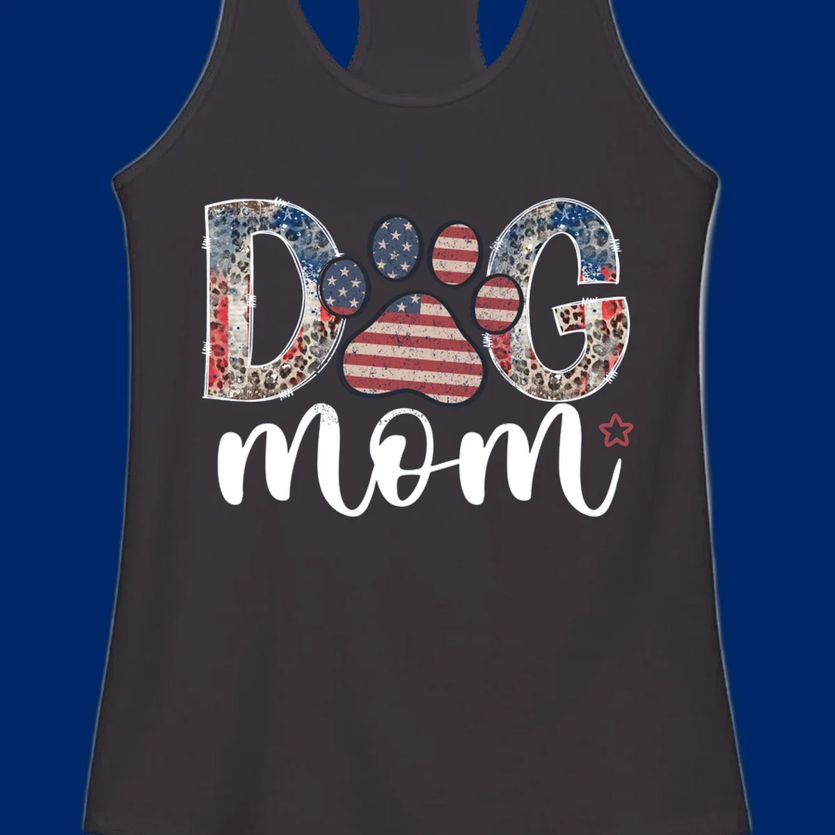 A graphic spelling 'DOG' with a patriotic-dog-paw-print. The 'D' and 'G' have leopard print and flag elements, and the 'O' is a flag paw print.
