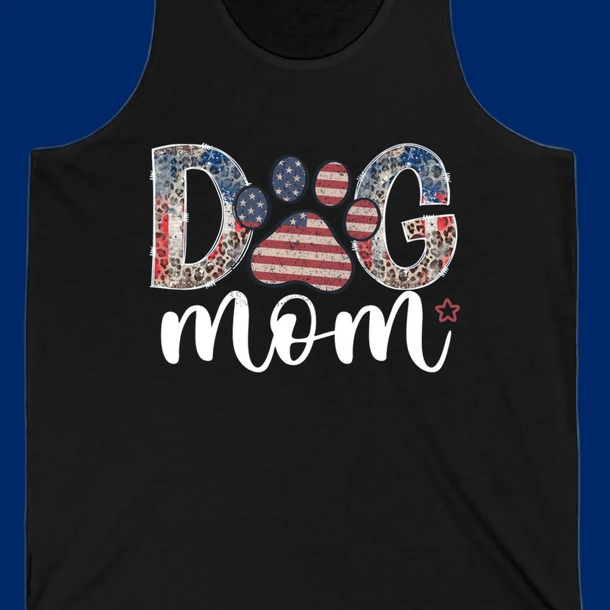 A graphic spelling 'DOG' with a patriotic-dog-paw-print. The 'D' and 'G' have leopard print and flag elements, and the 'O' is a flag paw print.