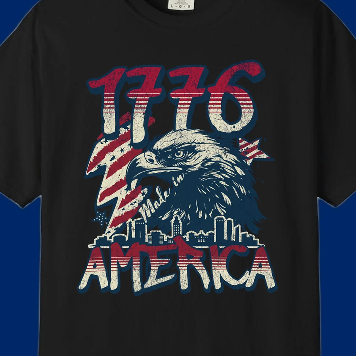 Vintage 1776 Made in America design with a bald eagle, city skyline, and American flag pattern. Features distressed red, cream, and navy colors.