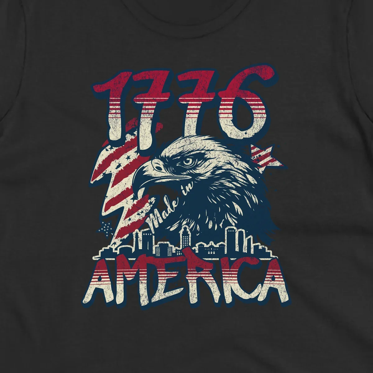 Vintage 1776 Made in America design with a bald eagle, city skyline, and American flag pattern. Features distressed red, cream, and navy colors.