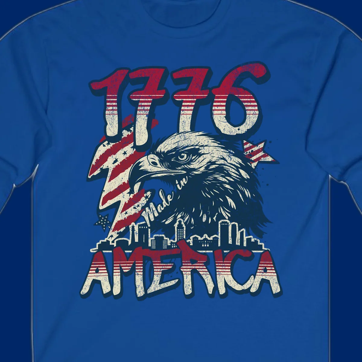 Vintage 1776 Made in America design with a bald eagle, city skyline, and American flag pattern. Features distressed red, cream, and navy colors.