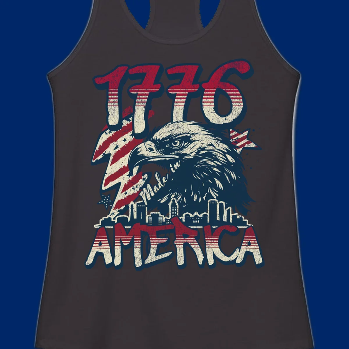Vintage 1776 Made in America design with a bald eagle, city skyline, and American flag pattern. Features distressed red, cream, and navy colors.