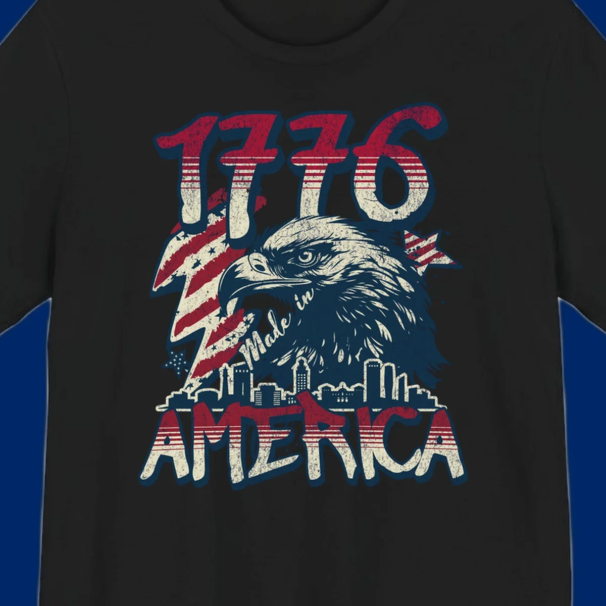 Vintage 1776 Made in America design with a bald eagle, city skyline, and American flag pattern. Features distressed red, cream, and navy colors.