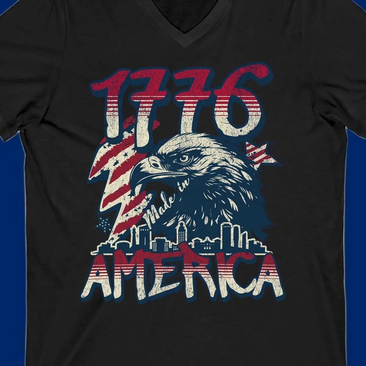 Vintage 1776 Made in America design with a bald eagle, city skyline, and American flag pattern. Features distressed red, cream, and navy colors.