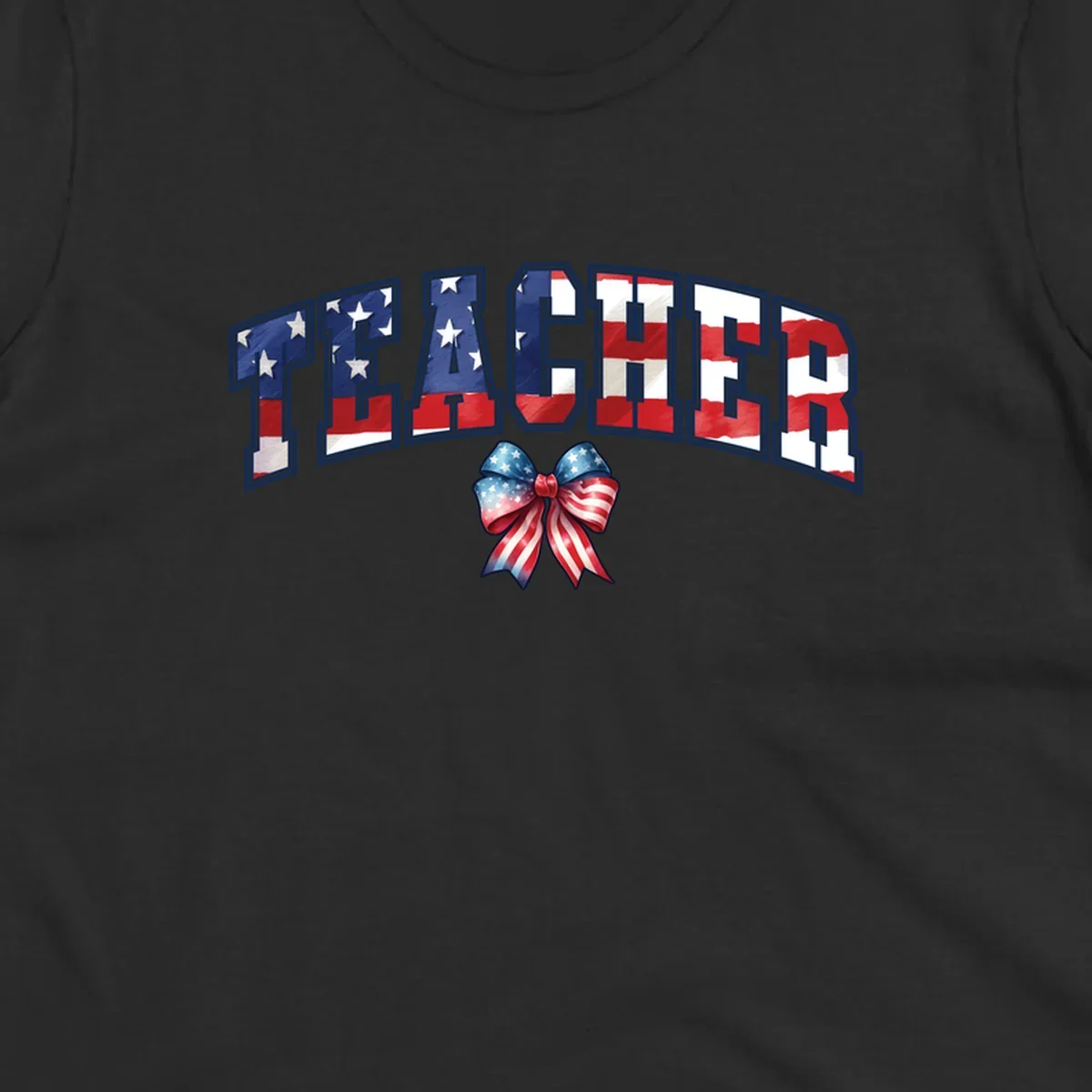 The word TEACHER in arched letters filled with an American flag pattern, featuring stars and stripes, with a patriotic bow below. Primary keyword root: patriotic-teacher-bow.