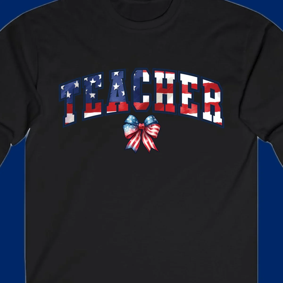 The word TEACHER in arched letters filled with an American flag pattern, featuring stars and stripes, with a patriotic bow below. Primary keyword root: patriotic-teacher-bow.