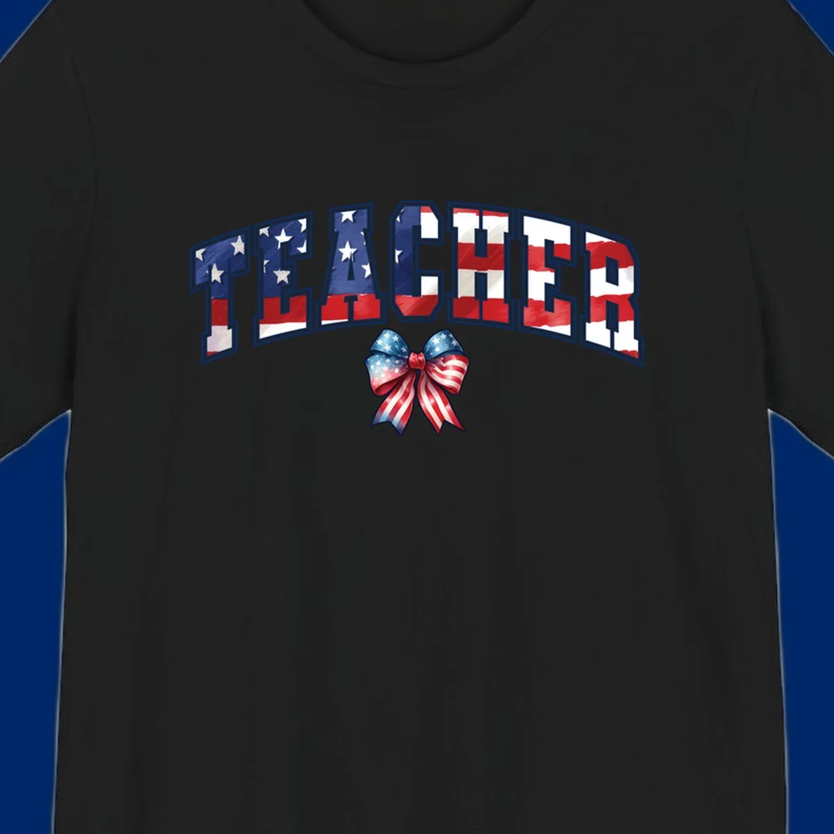 The word TEACHER in arched letters filled with an American flag pattern, featuring stars and stripes, with a patriotic bow below. Primary keyword root: patriotic-teacher-bow.