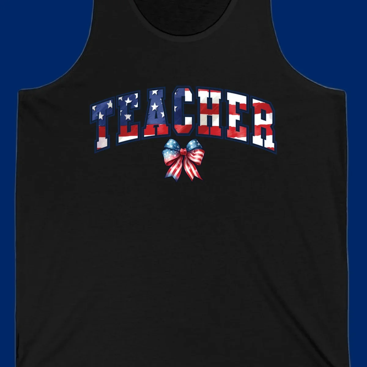 The word TEACHER in arched letters filled with an American flag pattern, featuring stars and stripes, with a patriotic bow below. Primary keyword root: patriotic-teacher-bow.