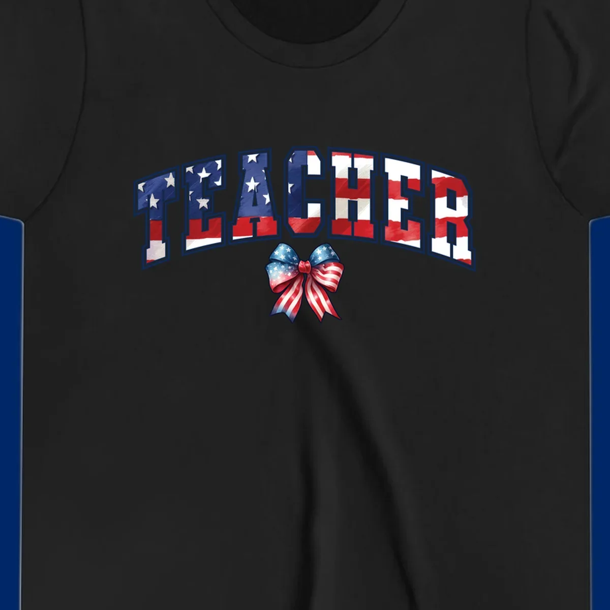 The word TEACHER in arched letters filled with an American flag pattern, featuring stars and stripes, with a patriotic bow below. Primary keyword root: patriotic-teacher-bow.