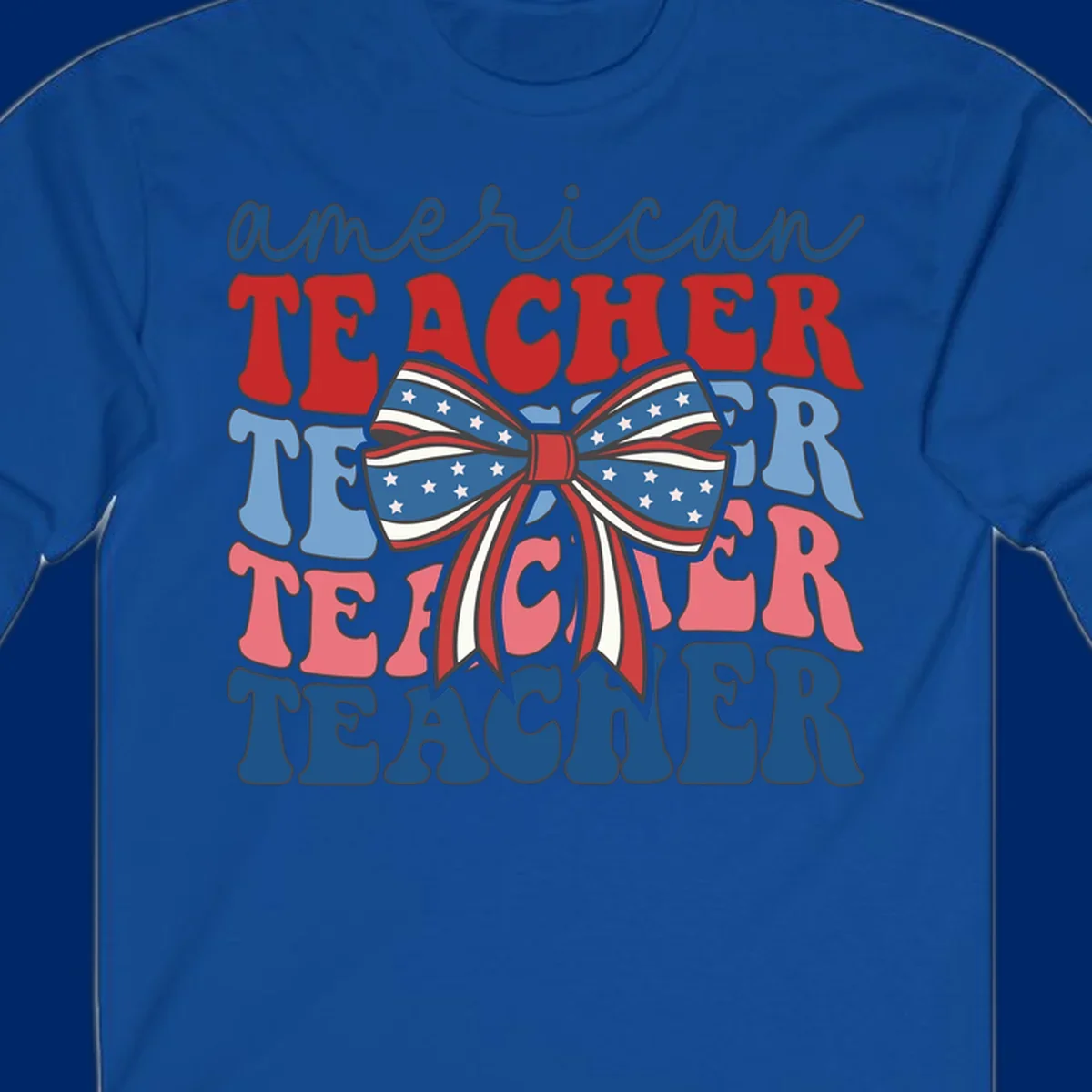 A graphic design reading 'american TEACHER' with the word TEACHER repeated four times, featuring a large patriotic American flag bow with stars and stripes. The text is in red, blue, and pink colors, outlined in dark gray.
