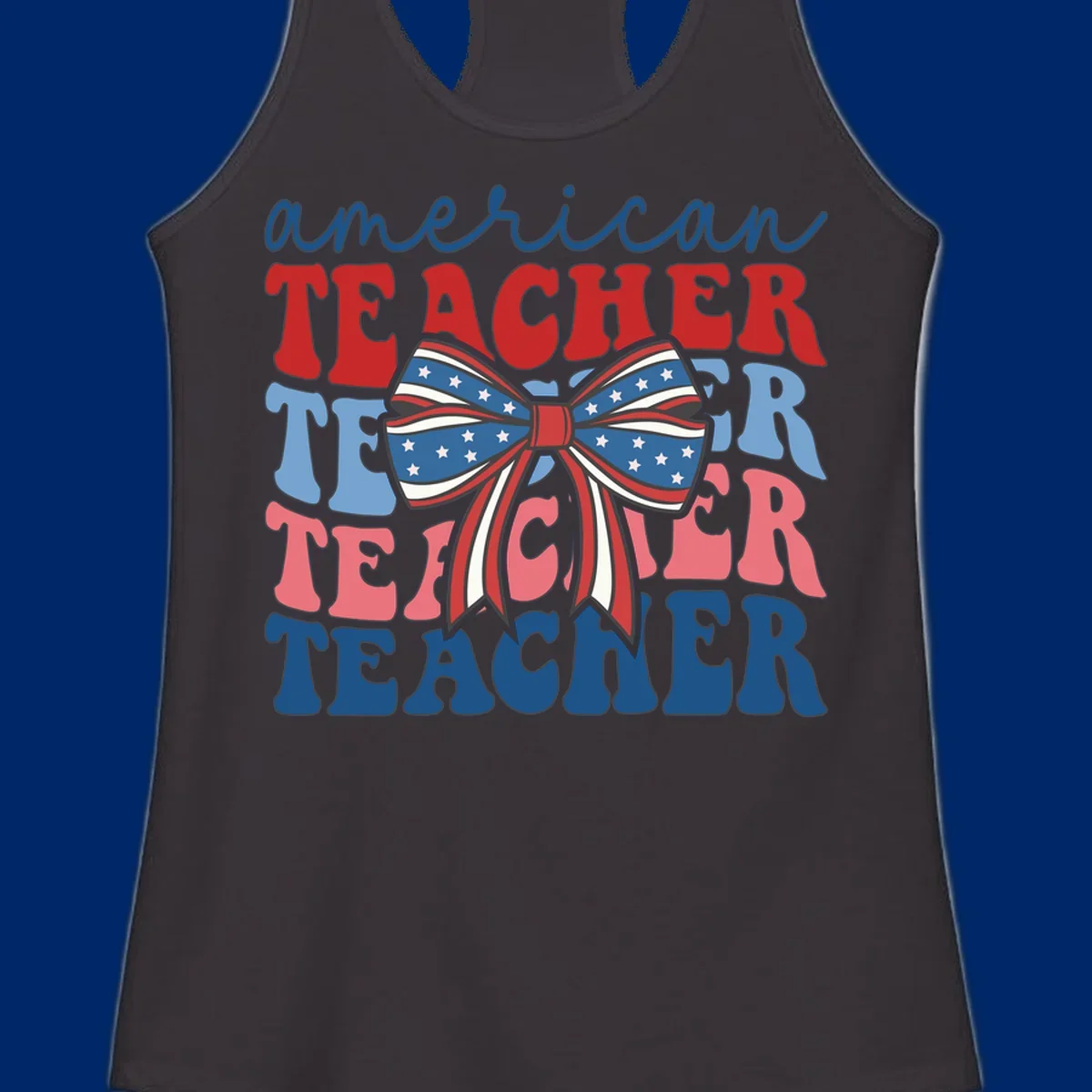 A graphic design reading 'american TEACHER' with the word TEACHER repeated four times, featuring a large patriotic American flag bow with stars and stripes. The text is in red, blue, and pink colors, outlined in dark gray.
