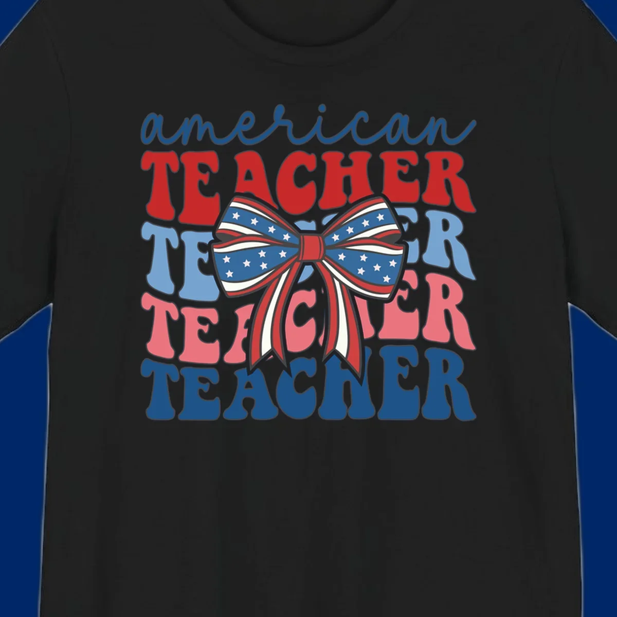 A graphic design reading 'american TEACHER' with the word TEACHER repeated four times, featuring a large patriotic American flag bow with stars and stripes. The text is in red, blue, and pink colors, outlined in dark gray.