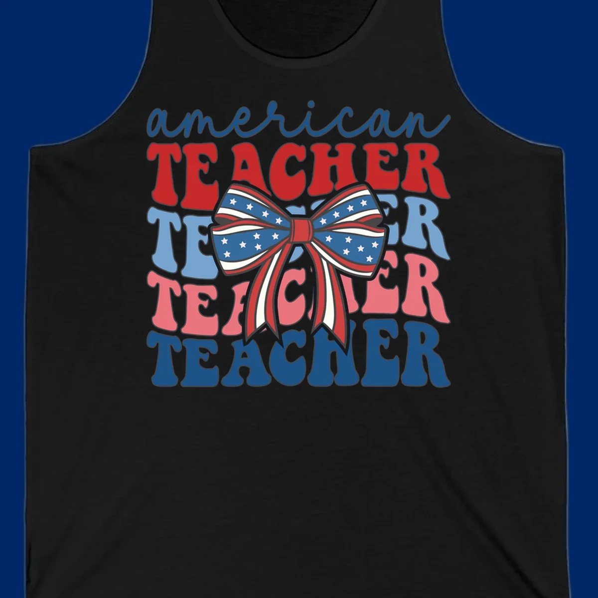 A graphic design reading 'american TEACHER' with the word TEACHER repeated four times, featuring a large patriotic American flag bow with stars and stripes. The text is in red, blue, and pink colors, outlined in dark gray.